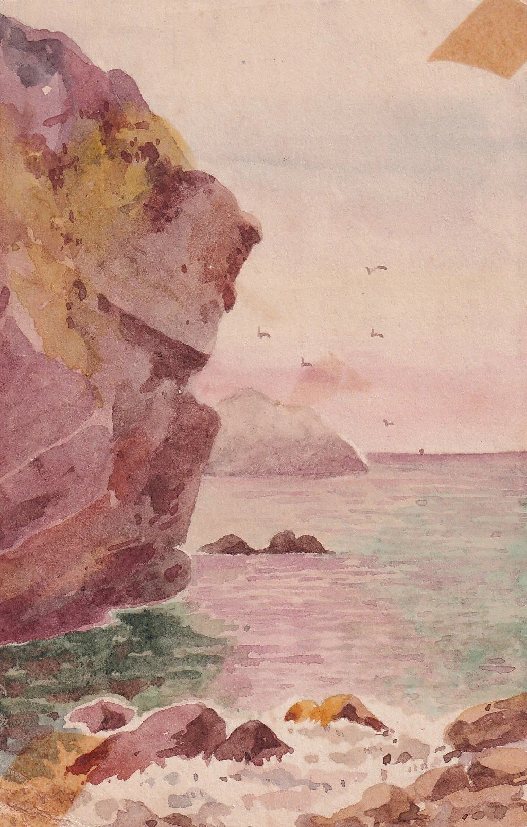 Watercolour of cliffs and the sea, artist unknown.