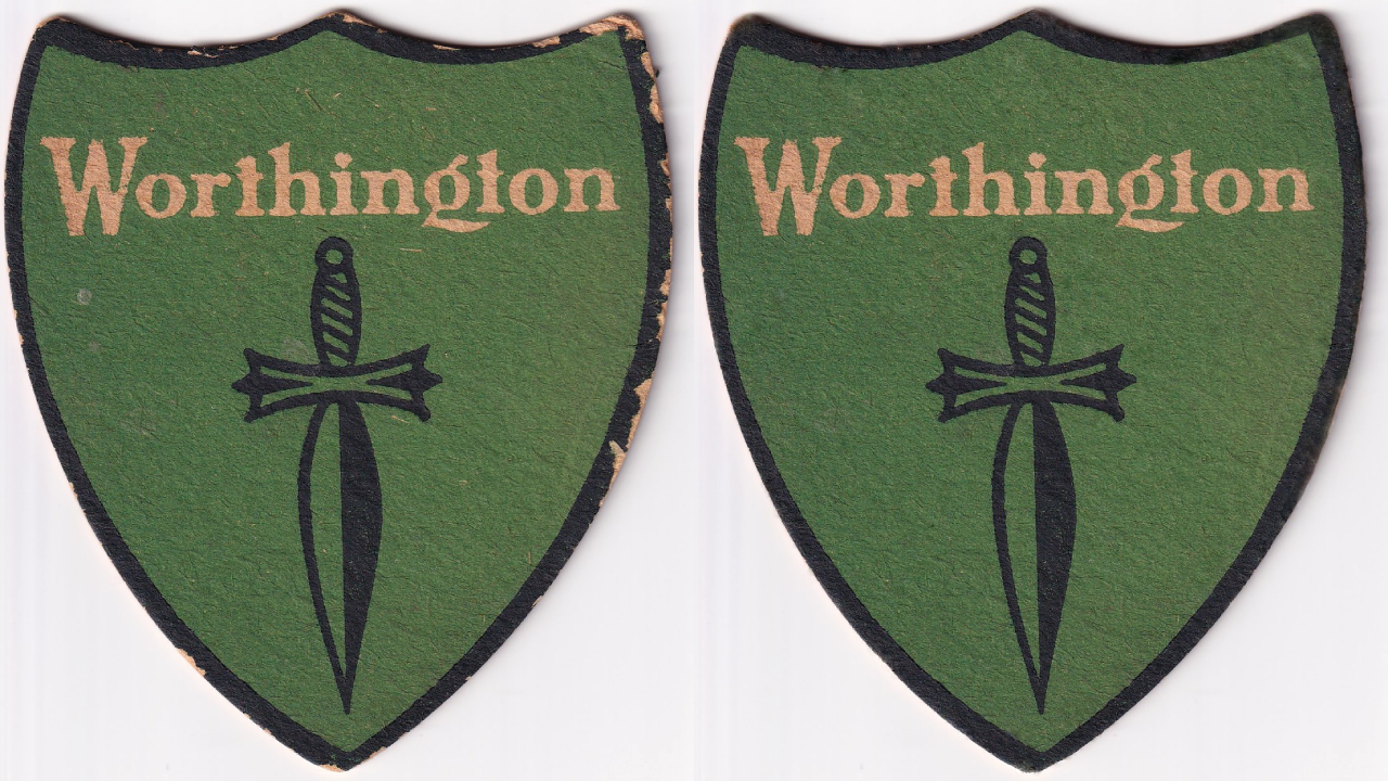 Worthington Green Shield beer mat, digitally restored by me, 20th Century.
