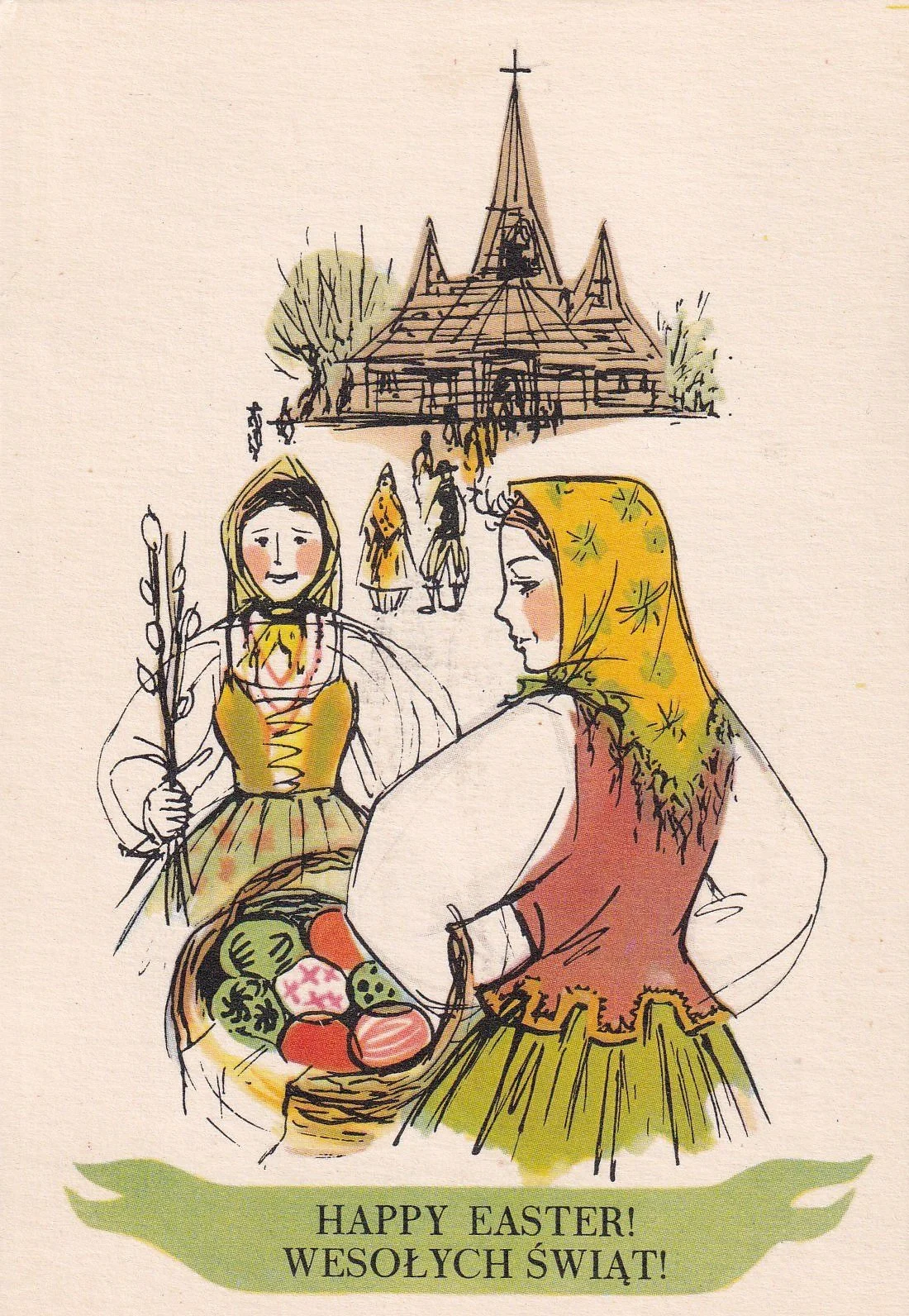 Polish Easter postcard, with the phrase 'Wesołych Świąt' meaning 'Happy holidays', late 20th Century