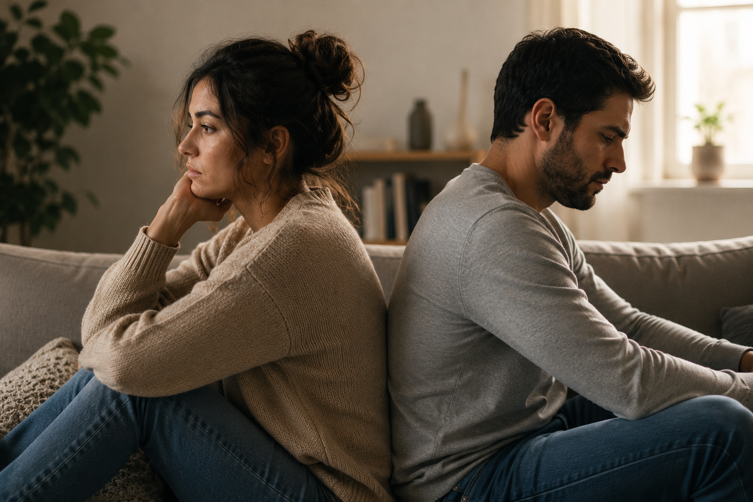 Couple sitting emotionally disconnected, illustrating how childhood trauma can affect trust, communication, and adult relationships.