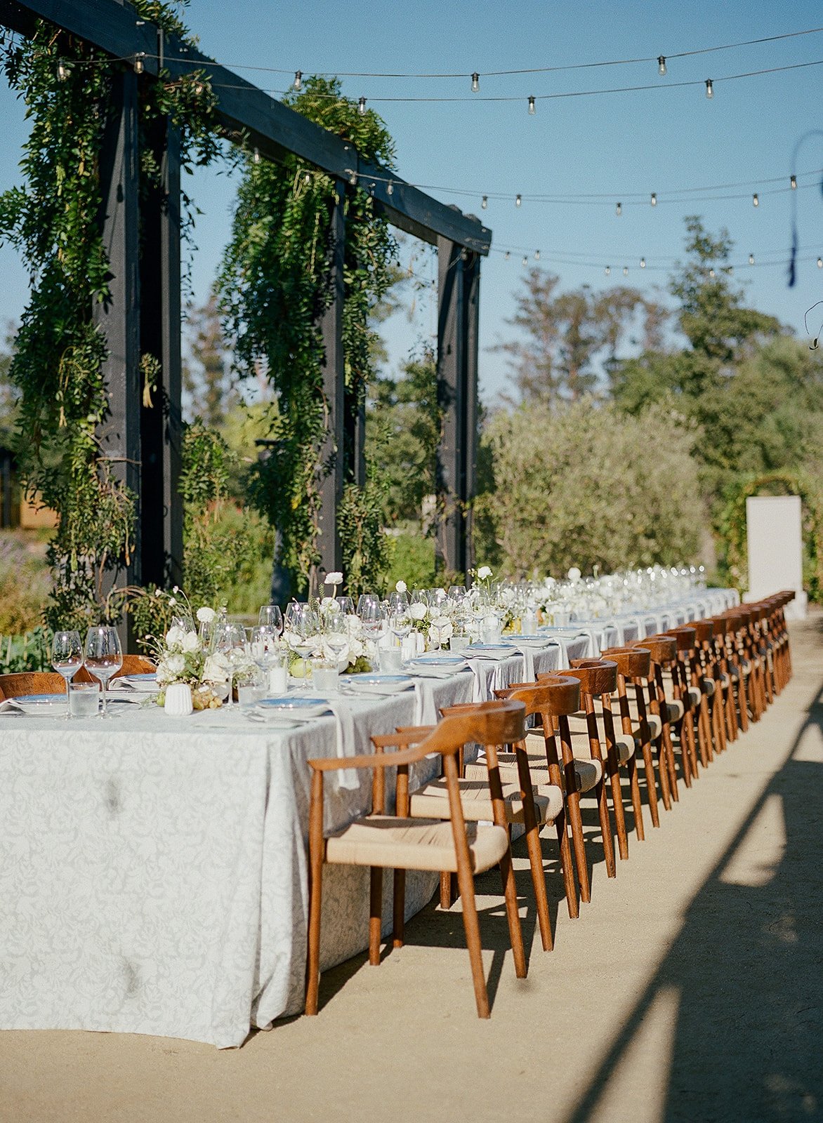 Long outdoor dining table set for a formal event with white tablecloths, glassware, and floral centerpieces, arranged under string lights in a garden setting on a sunny day.