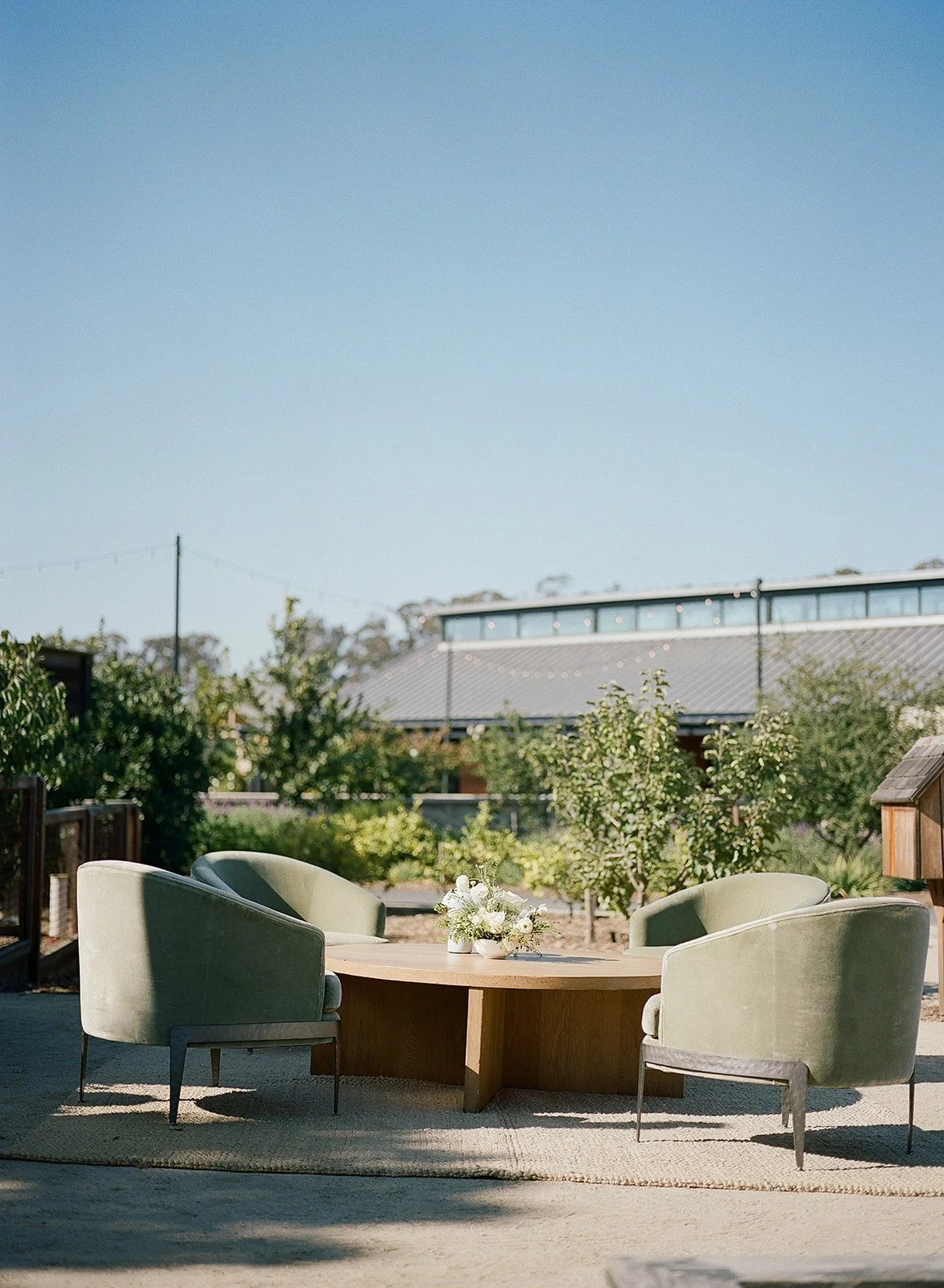 Outdoor seating area with a round wooden table, three green upholstered chairs, and a flower arrangement in a white vase. Background includes trees, a building with a metal roof, and string lights under a clear blue sky.