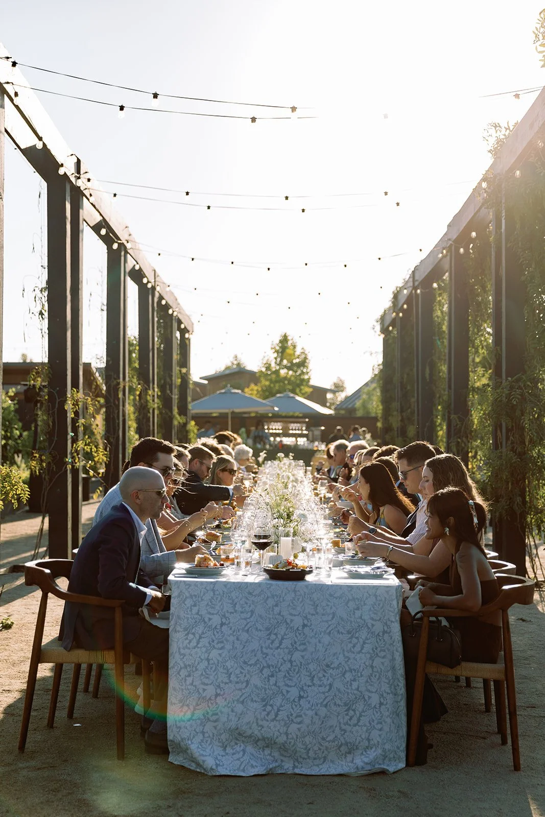 A group of people enjoying a dinner outdoors at a long table with a white tablecloth, set with plates, glasses, and flowers, during sunset under string lights.
