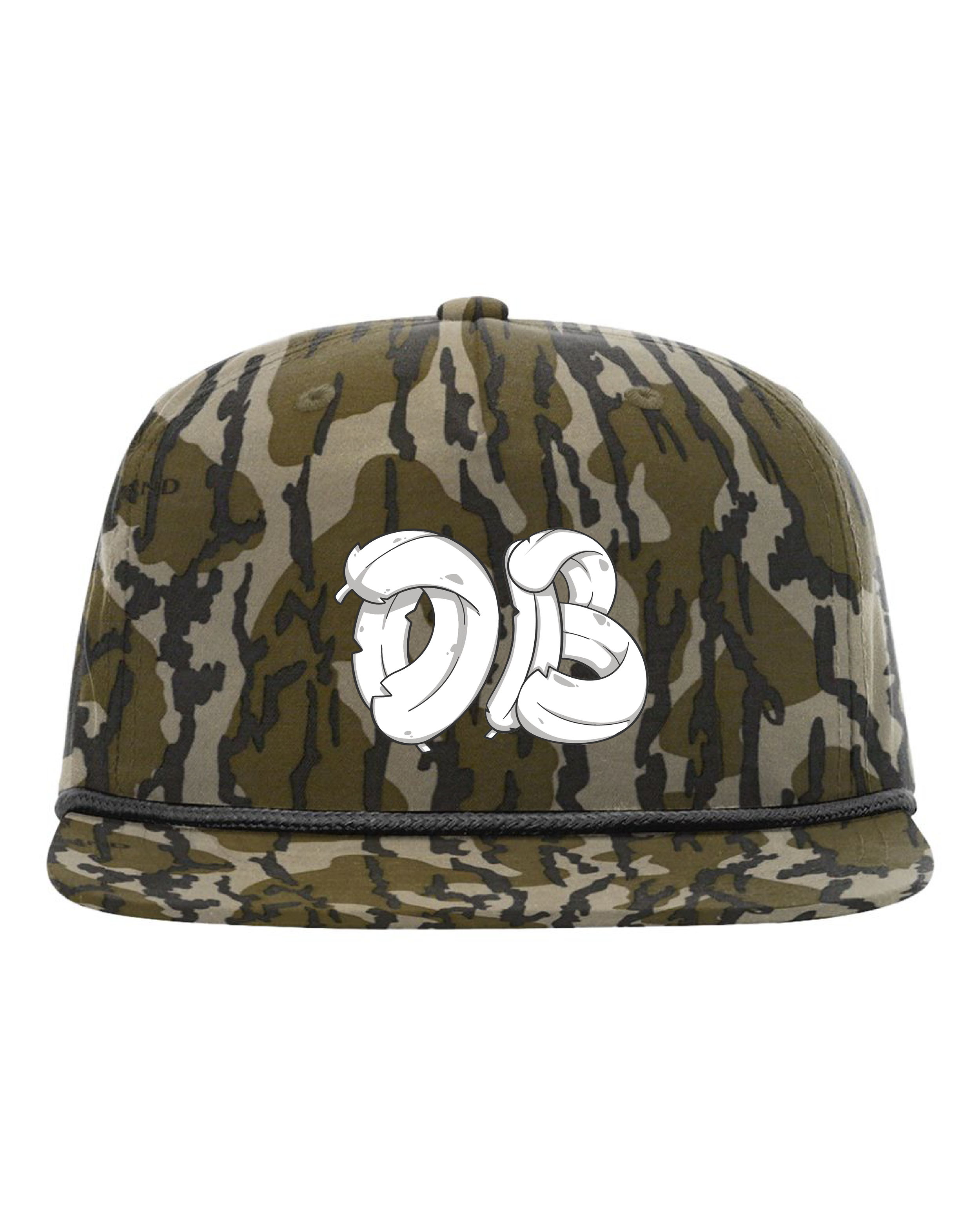 Dove Bros Bottom Land Camo Snapback Hat with DB logo and rope cord — front and back view