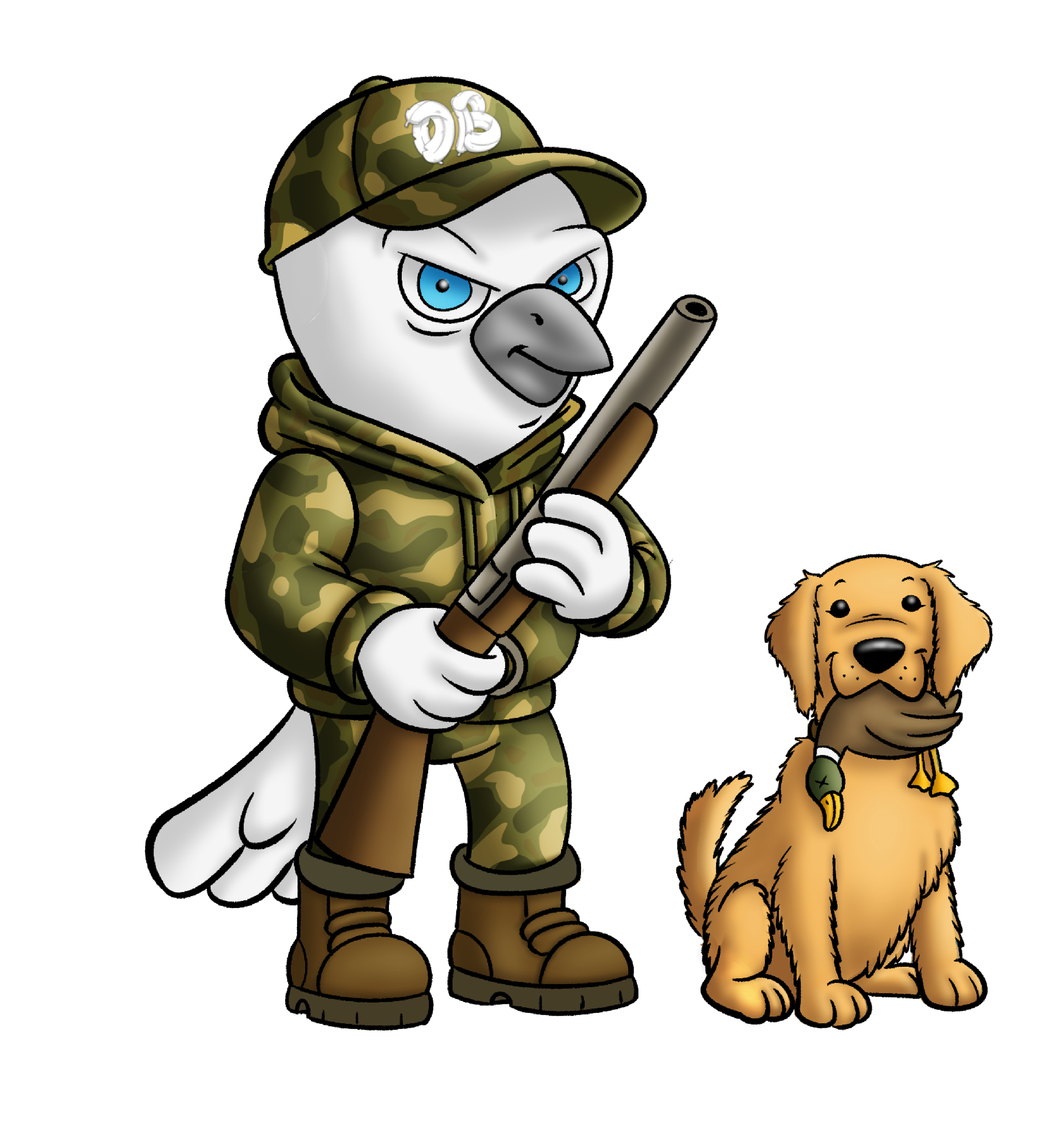 Cartoon Dove Bro, Jett and Ollie, dressed as a hunter in camouflage clothing holding a rifle, with a dog sitting beside it, holding a duck in its mouth.
