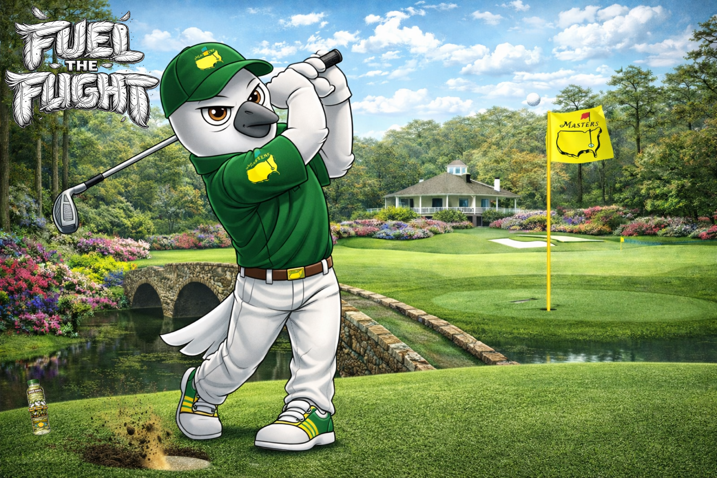 Blaze from Dove Bros swinging a TaylorMade Qi4D driver at Augusta National Golf Club during the 2026 Masters Tournament with Sky caddying