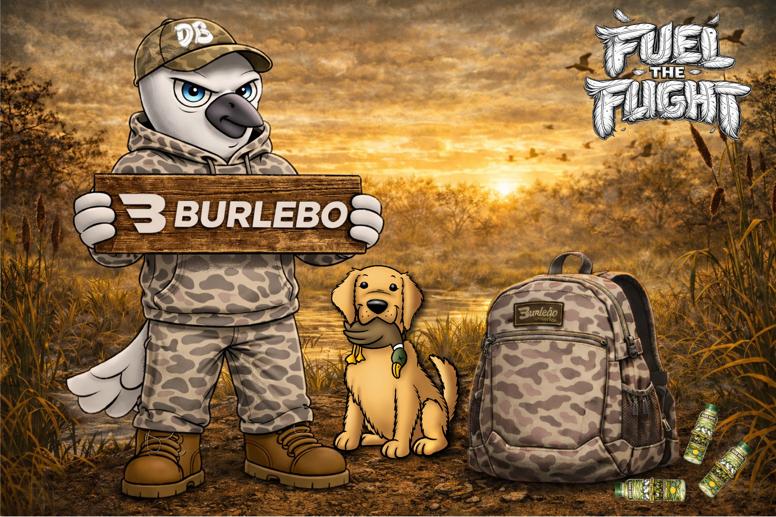 Jett from Dove Bros holding a Burlebo sign with Ollie the golden retriever and the Burlebo Classic Deer Camo backpack at sunrise in the marsh
