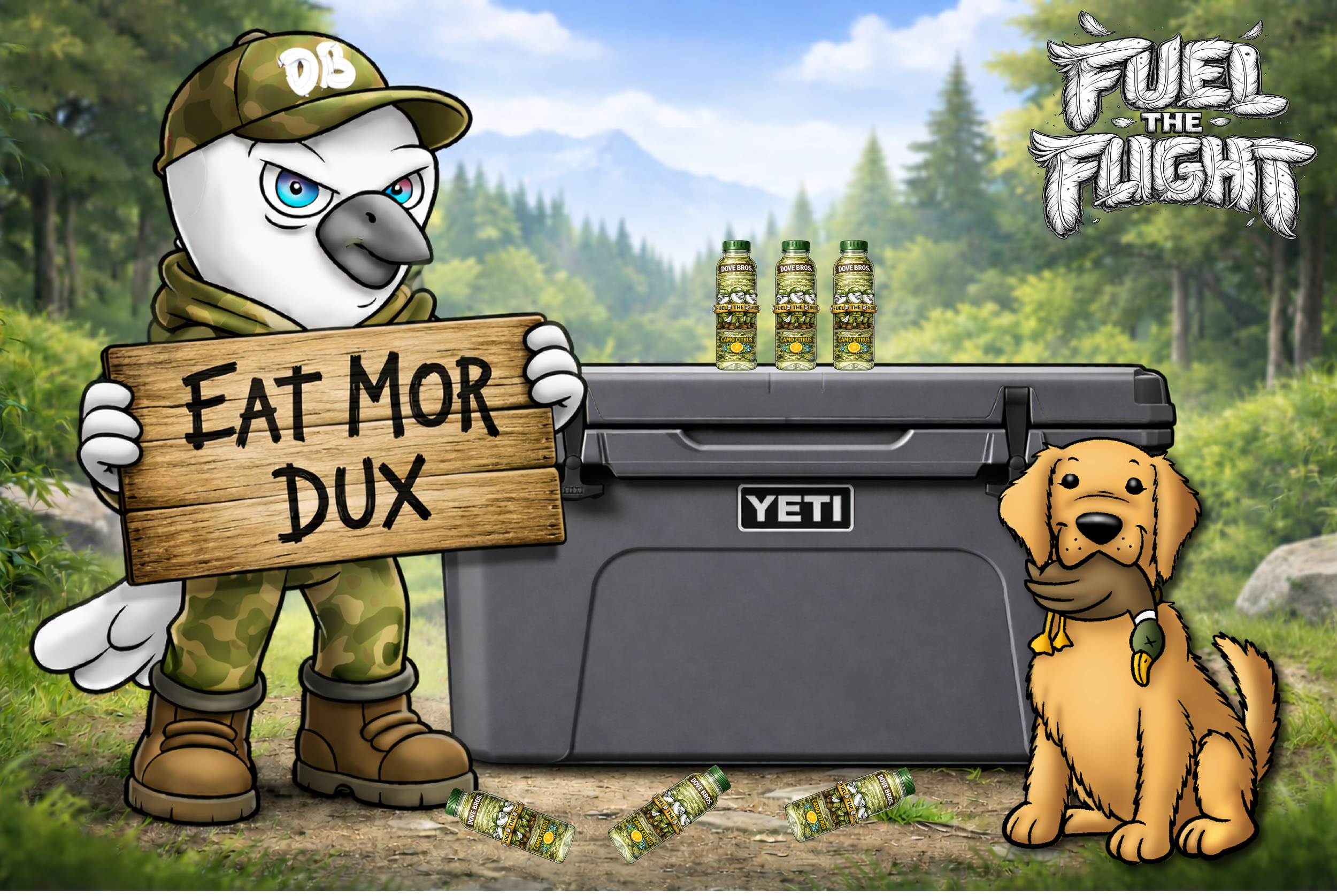 Jett and Ollie from Dove Bros standing next to a Yeti Tundra 65 cooler with Dove Bros hydration on top