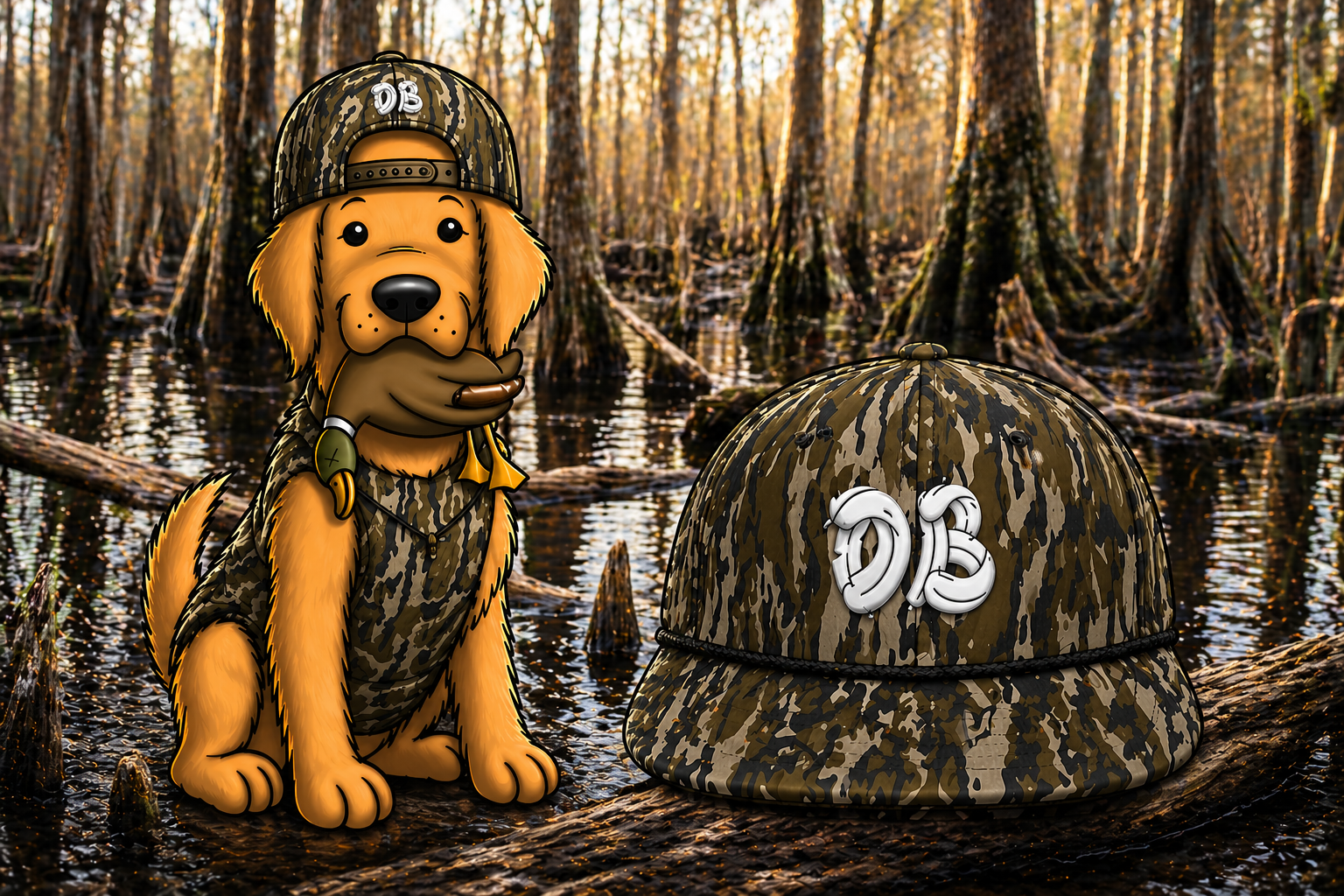 Ollie the golden retriever wearing the Dove Bros Bottom Land Camo Snapback Hat in a bottomland hardwood duck hunting habitat at sunset