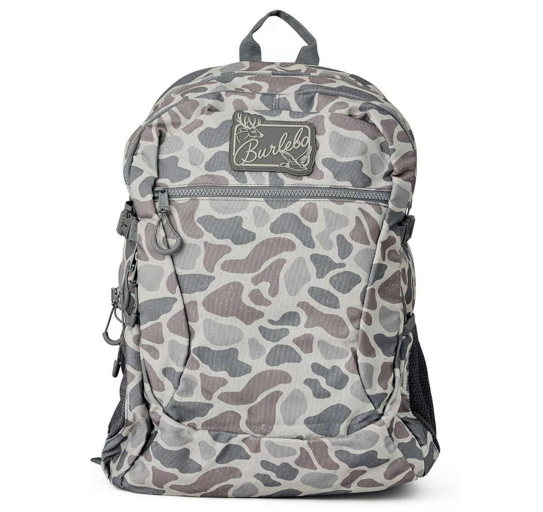 BURLEBO Classic Deer Camo Backpack front view showing deer camo pattern Burlebo logo patch dual shoulder straps and zipper compartments for hunting and outdoor use