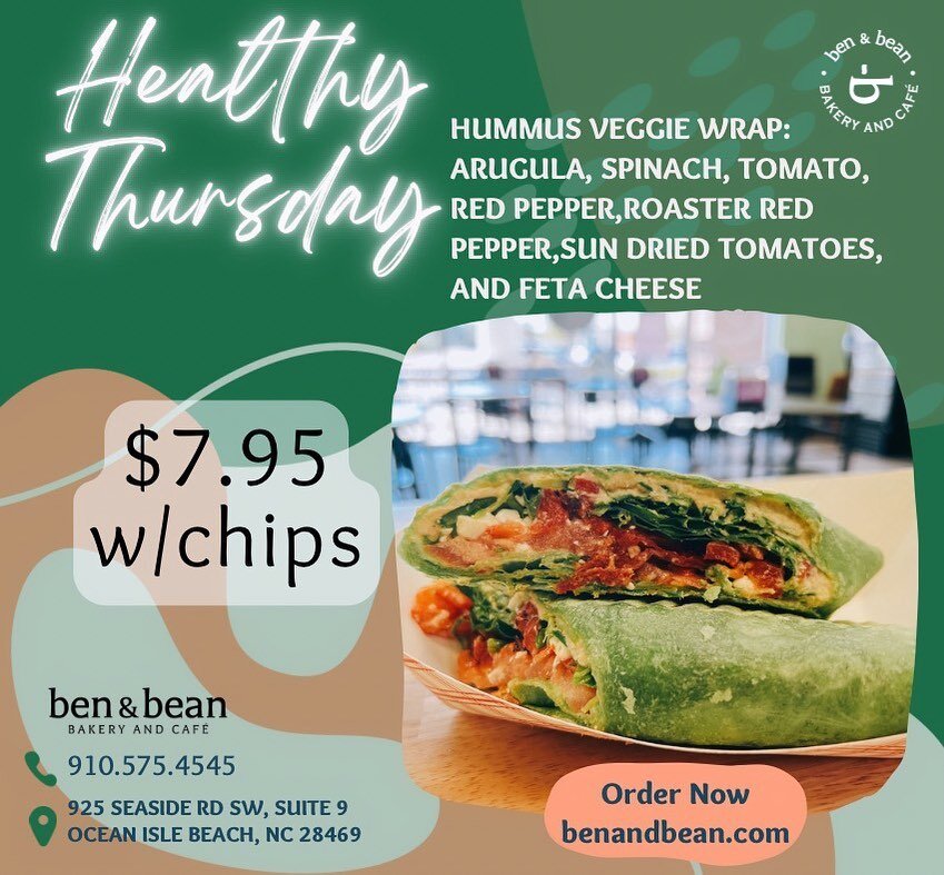 Hummus veggie wrap:
Arugula, Spinach, Tomato,
Red pepper,Roaster red pepper,Sun dried tomatoes, and Feta cheese.  #sunsetbeachnc #cafe #oib #oceanislebeachnc #calabashnc #hummus #veggie #wrap #healthythursday