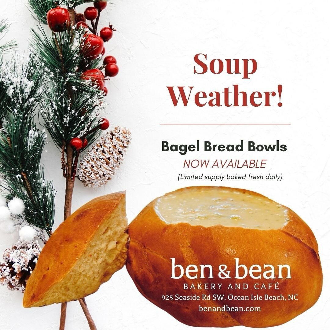 It&rsquo;s here!!! It&rsquo;s a Bagel bread bowl with soup kind of day. While supplies last. 

#breadbowl #soupseason #oibbeachbums #BenandBean #brunswickcountync #oceanislebeachnc #calabashnc #sunsetbeachnc #yummmm