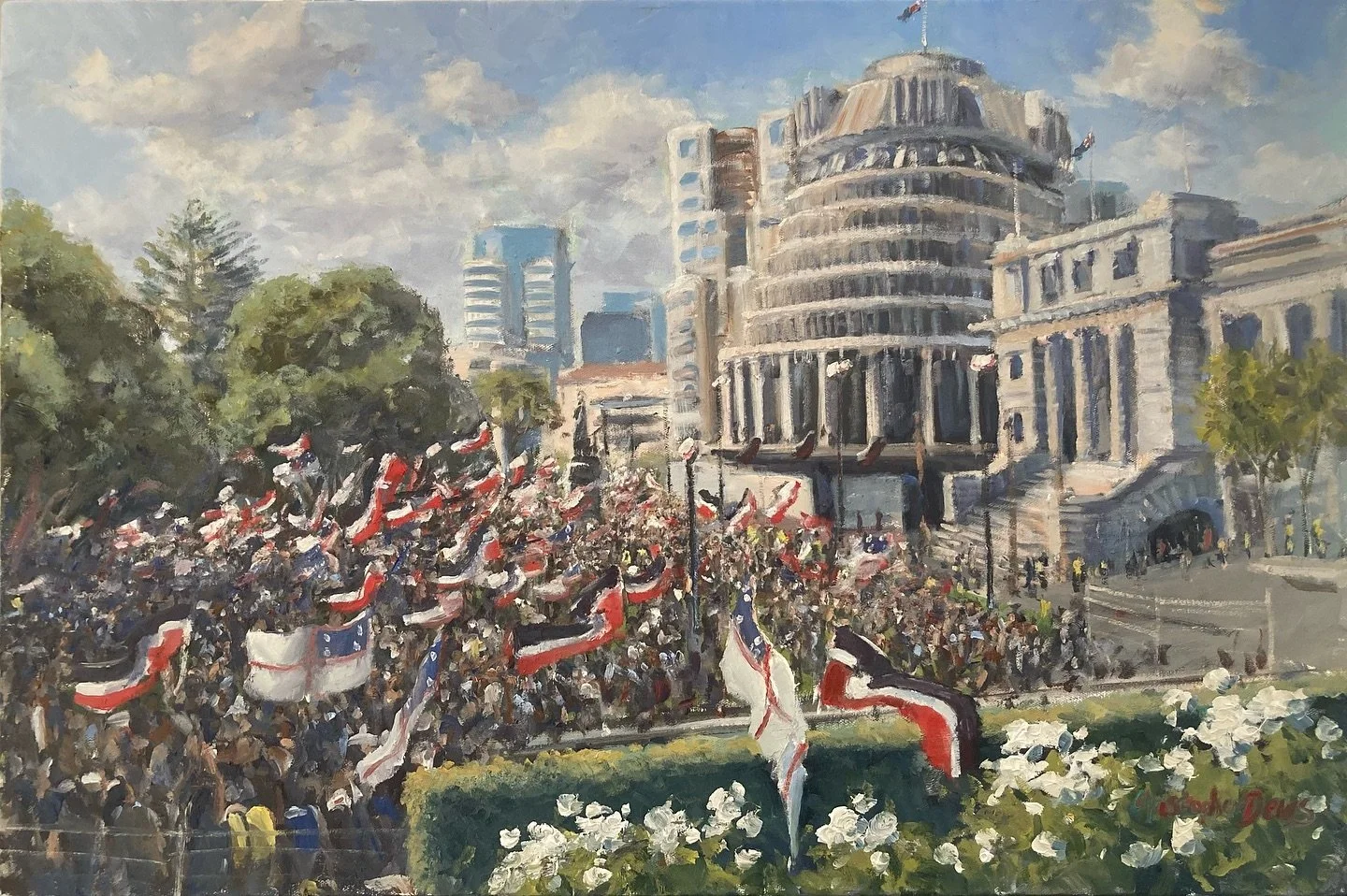 @toitu_te_tiriti Hikoi arriving at the parliament grounds, painted #pleinair 19/11/25.

New exhibition opening Wednesday 4th December in Morningside. More info to come&hellip;