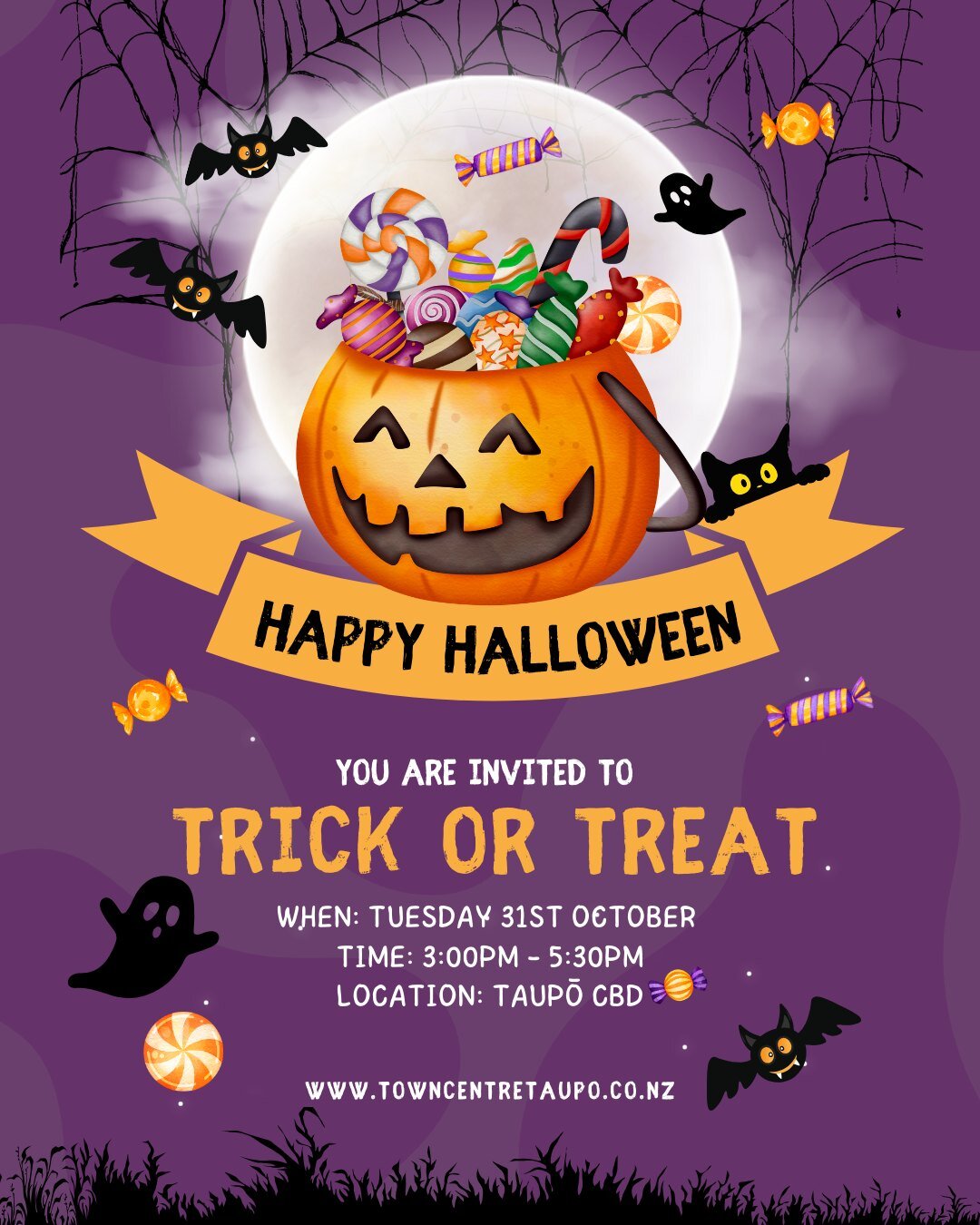🎃 Boo! Get ready for some Halloween fun at Towncentre Taupō! 🌟 Join us for trick-or-treating on Tuesday, 31st October from 3:00pm to 5:30pm. 🍭👻 Put on your coolest costume and come have a magical time in Taupō CBD! Can't wait to see all the littl