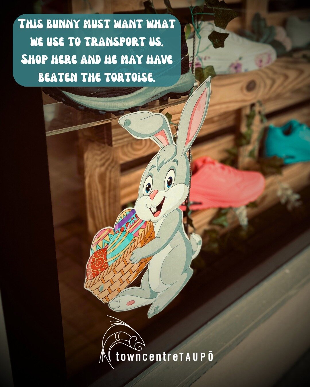 Bunnies, bunnies all over town,
Can you find them all around?
Taupō Town Centre, you&rsquo;ll find their paw.
See at least 10 and be into the draw.

They may be high, they may be low, 
They may be&hellip;right under your nose!
This bunny must want wh