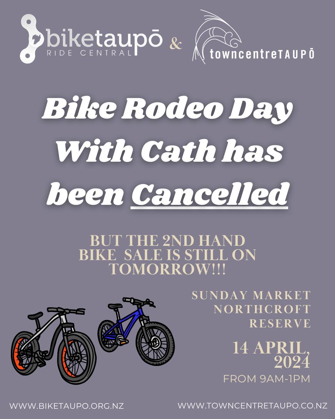 We are very sorry to say the Forecast is not playing ball for our Bike Rodeo Day!
So we have made the executive decision to cancel the bike day with Cath today. 😭

But fear not, the Treasure Trails are on all school holidays and you can still see Ca