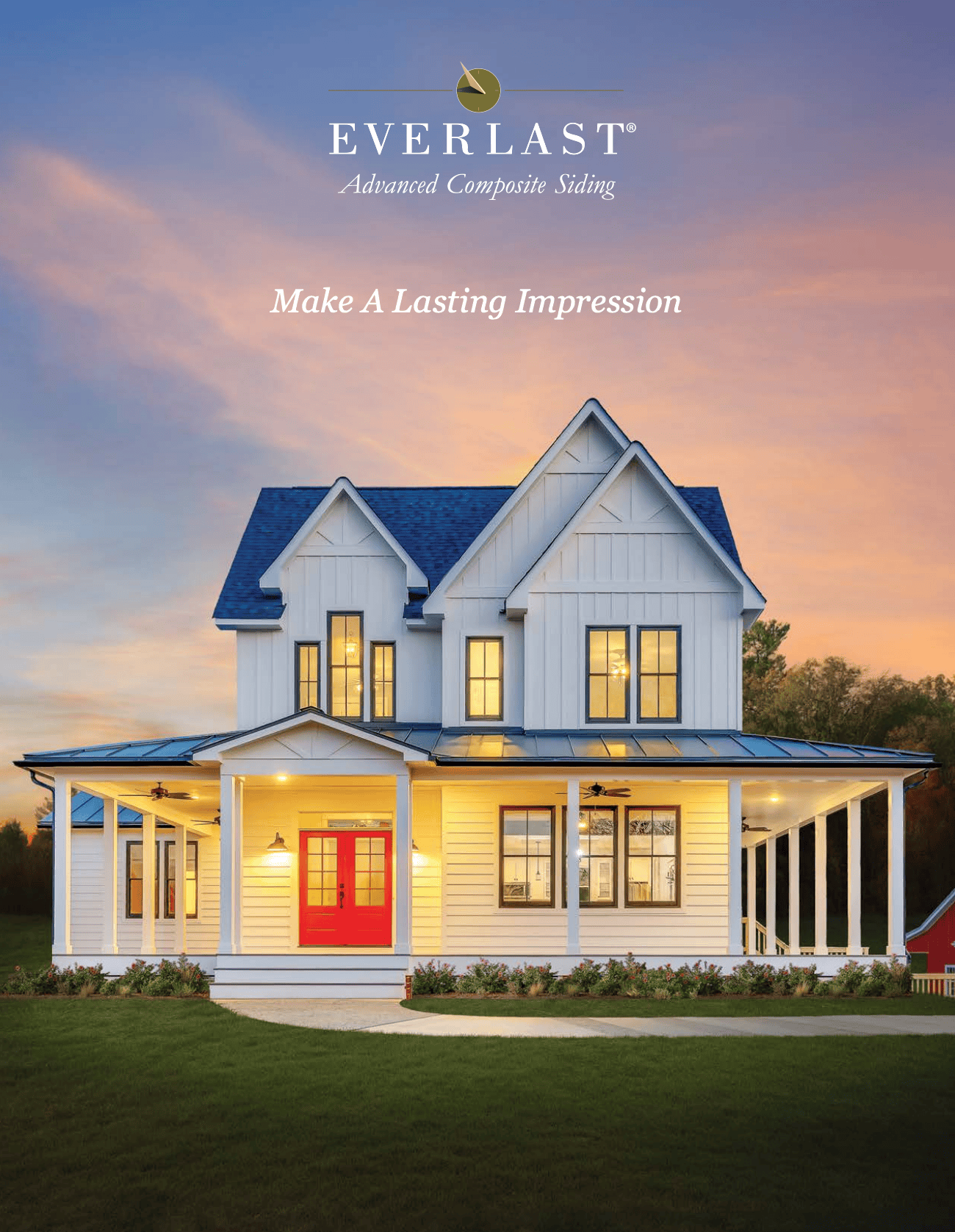 Everlast catalog cover featuring a two-story white farmhouse with a red front door, large windows, and a porch with white columns.