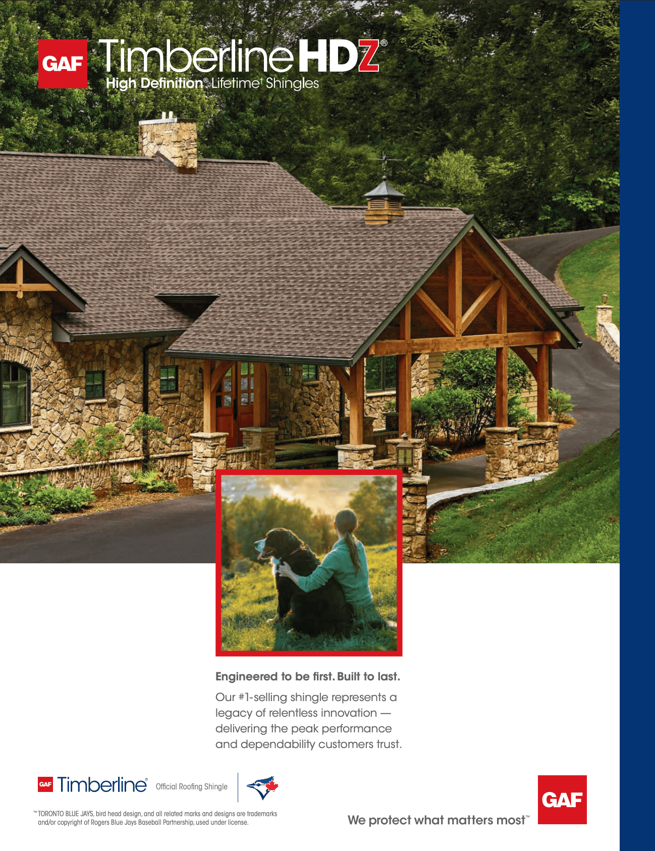 GAF Roofing brochure cover featuring an image of a house with a stone and wood exterior, featuring a brown shingle roof, set in a green, wooded area.