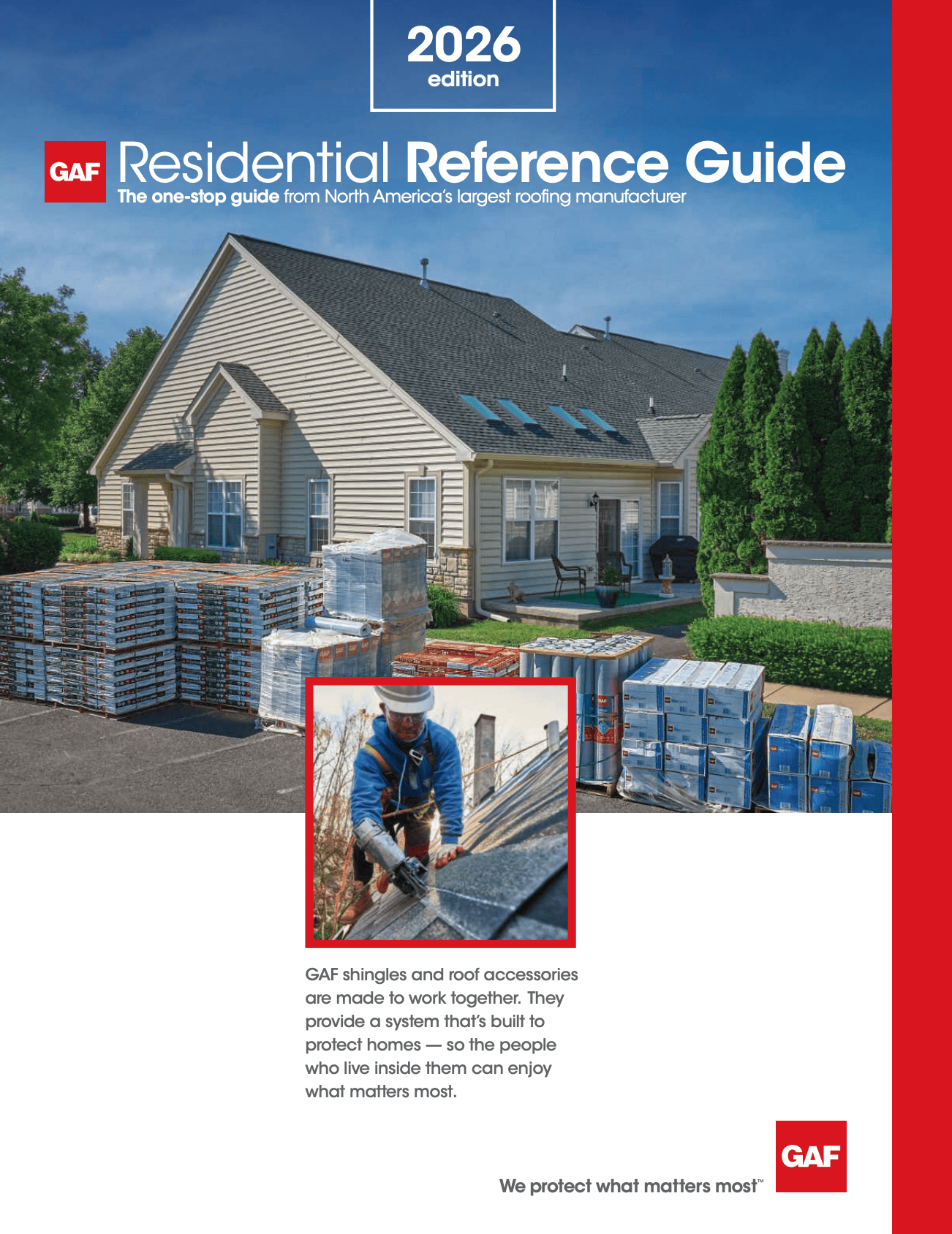 A cover page for GAF Residential Reference Guide 2026 edition, showing a house with a black roof, surrounded by green trees, and stacks of roofing shingles outside. There is a small inset photo of a worker installing roofing shingles. The text explains that GAF shingles and roof accessories work together to protect homes.