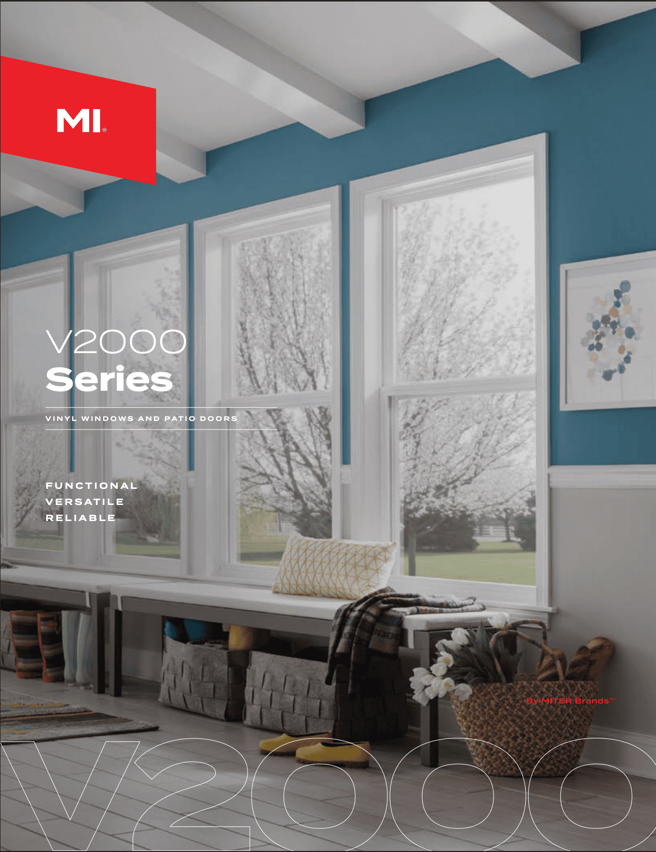 MI Windows and Doors brochure cover showing a bright living room with multiple large windows, blue walls, a window seat with pillows, and decorative items like a woven basket with flowers and a cozy blanket.