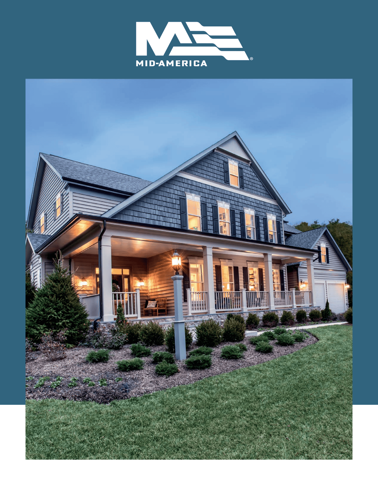 Mid America brochure cover featuring a large house with a porch illuminated by exterior lights, surrounded by a landscaped garden and green lawn, during dusk.