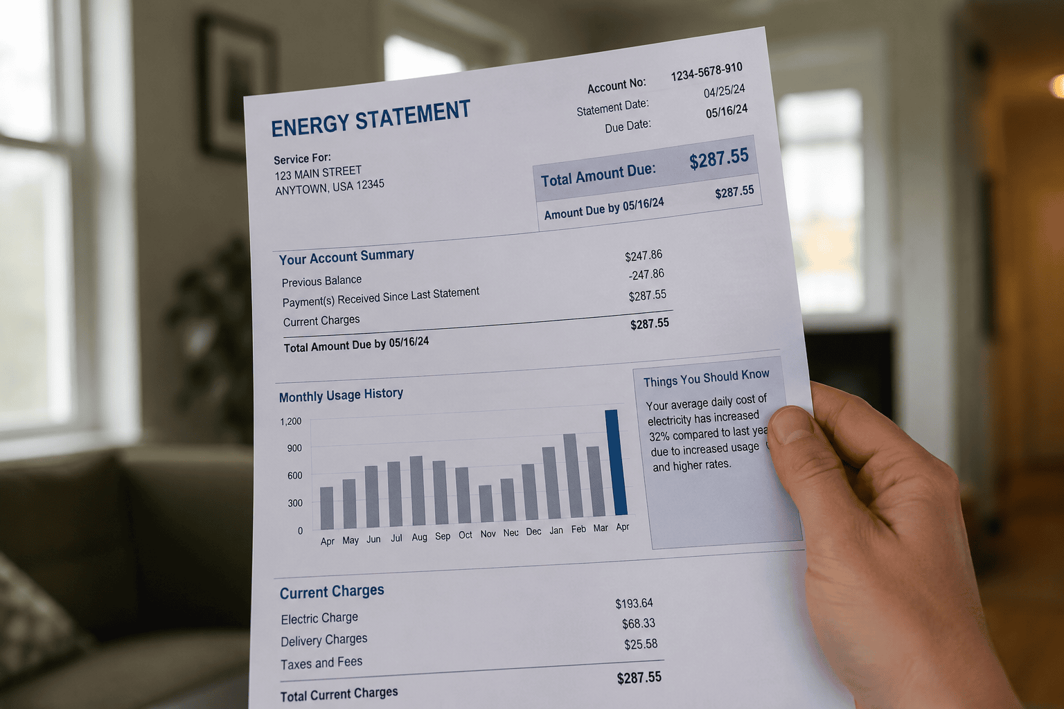 A man's hand holding out an energy bill in the living room of his home.