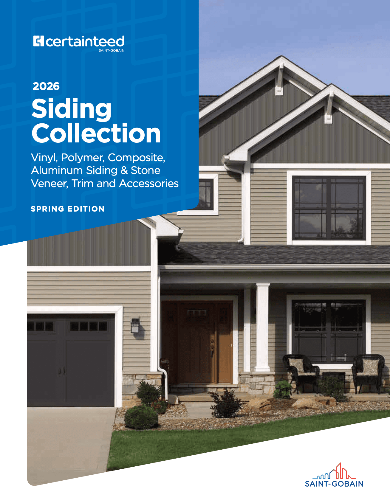 Cover of a catalog titled '2026 Siding Collection' featuring a house with vinyl siding, a garage, large windows, a porch with chairs, and landscaping, produced by Saint-Gobain.