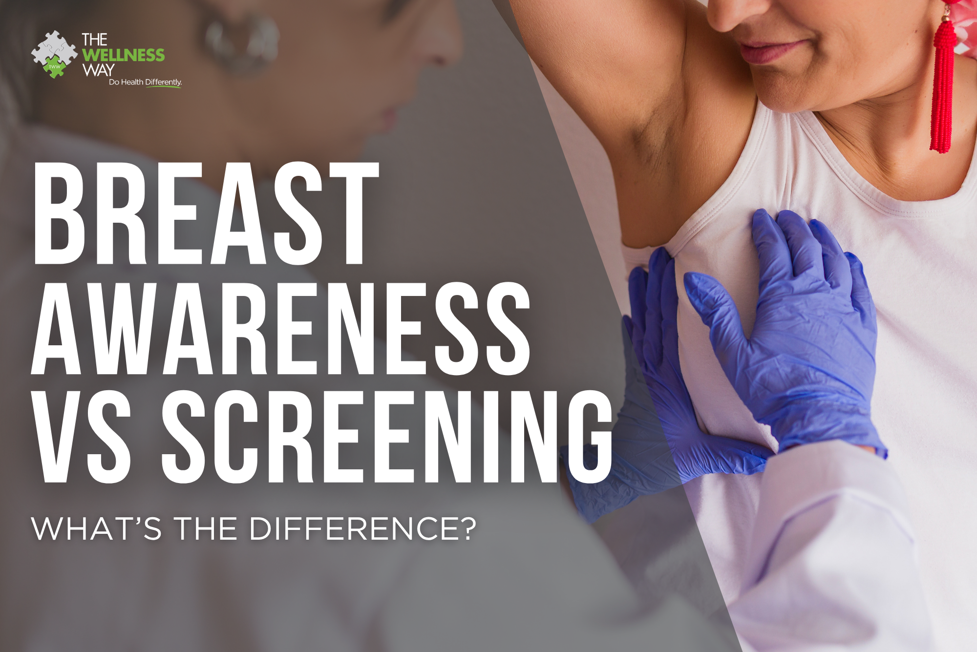 Gloved hands performing a breast examination beside the text “Breast Awareness vs. Screening: What’s the Difference?” and The Wellness Way logo.