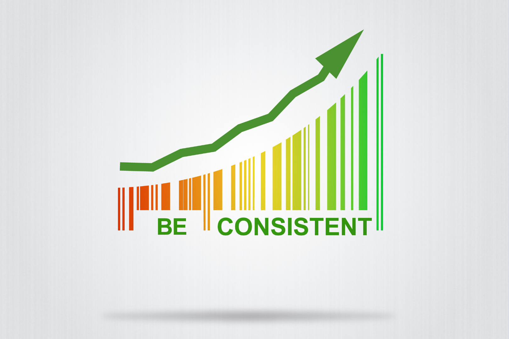 Green upward arrow and gradient bar graph with the words “Be Consistent,” symbolizing steady progress and the power of small daily habits for long-term health transformation.