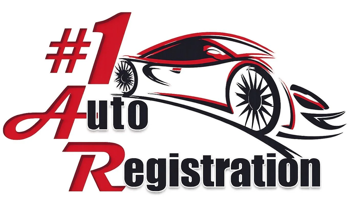 A stylized illustration of a sports car with black and red lines above the words '#1 Auto Registration' in bold black and red text.