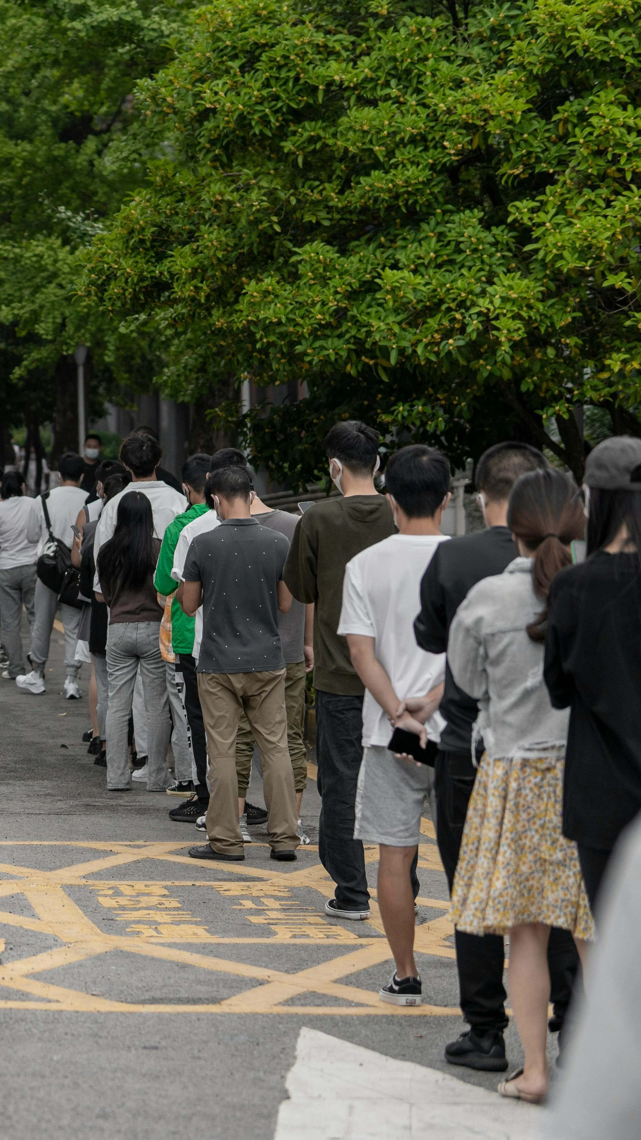 A line of people waiting outdoors on a sidewalk with trees in the background; some individuals are wearing masks.