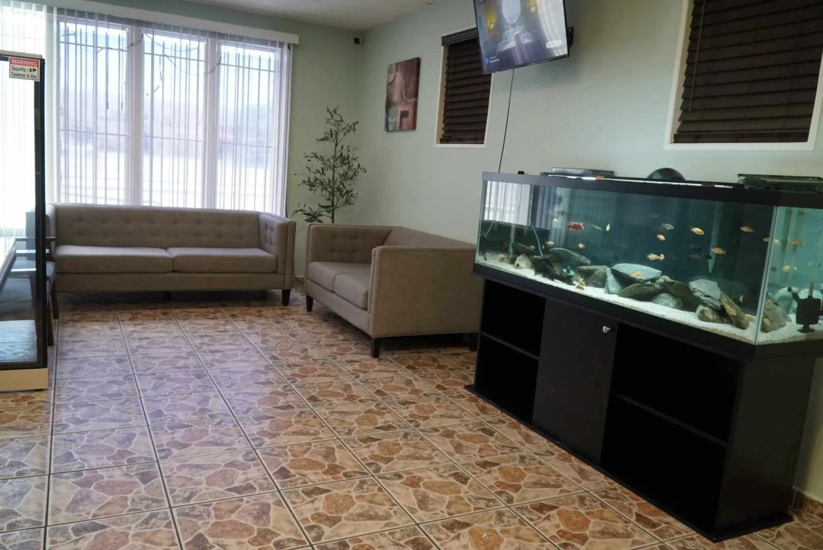 Waiting room with beige sofas, large window with vertical blinds, fish tank with rocks, and wall-mounted TV.