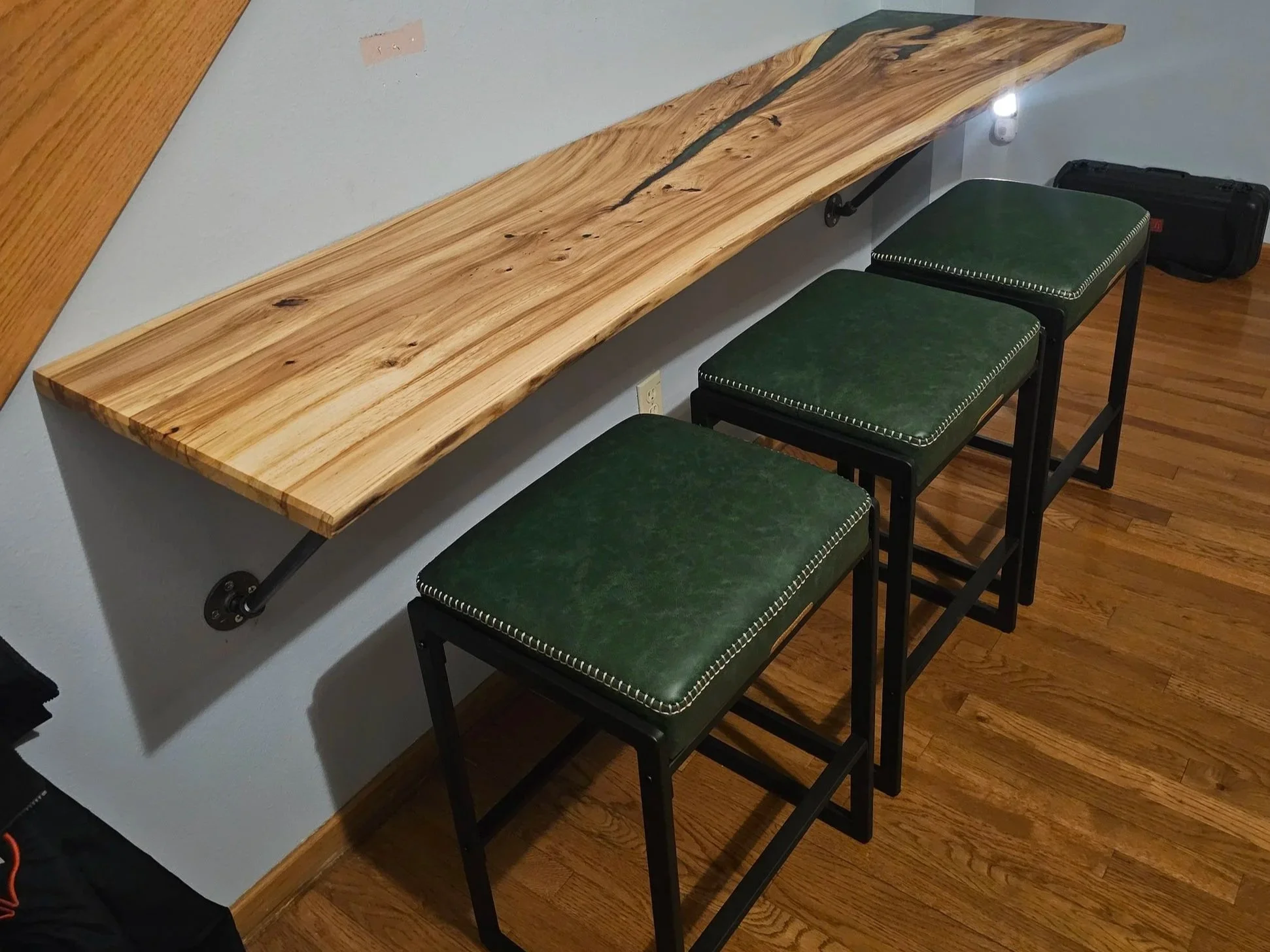Elm counter with green mica colored epoxy, handcrafted at the Kneifl Tymber Wood Shop