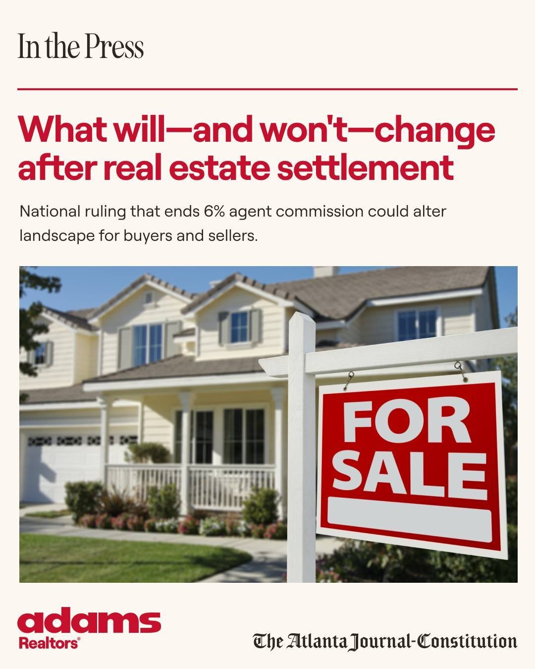 @ajcnews spoke with our founder, @billadamsrealtor about the recent real estate settlement and what it will mean for residential agents, sellers, and buyers. At the end of the day, residential real estate agents will work together just as commercial 