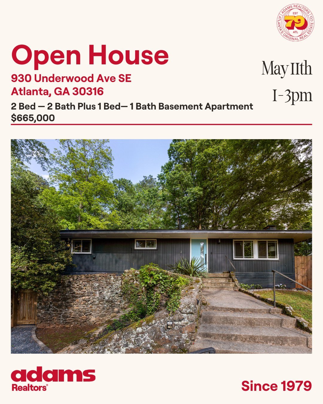 Open House Saturday, May 11th from 1-3pm in Ormewood Park! 930 Underwood Ave 2 BR | 2 BA plus 1 BR | 1 BA Basement Apartment $665,000

Live in Stunning Mid Century Ranch just blocks from the new Beltline Bridge on United Ave. Pull up the drive and yo