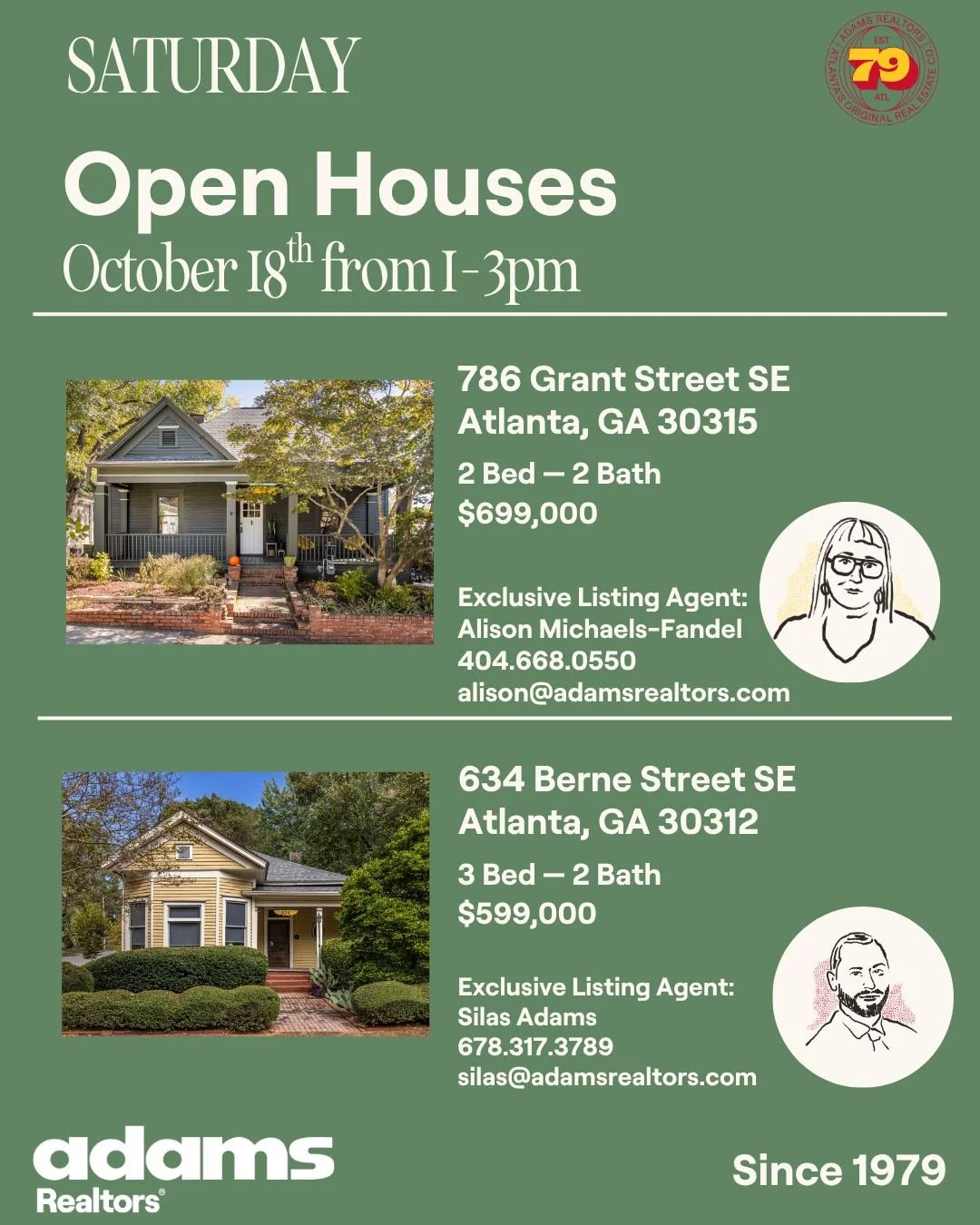 ✨Open Houses Saturday, October 18th from 1-3pm✨

🏡786 Grant St SE
🛏 2 Bedrooms
🛁 2 Bathrooms
$699,000
Exclusive Listing Agent:
👩🏼 @alifandel 
📞 404.668.0550
✉️ alison@adamsrealtors.com

🏡634 Berne Street SE
🛏 3 Bedroom
🛁 2 Bathrooms
$599,000