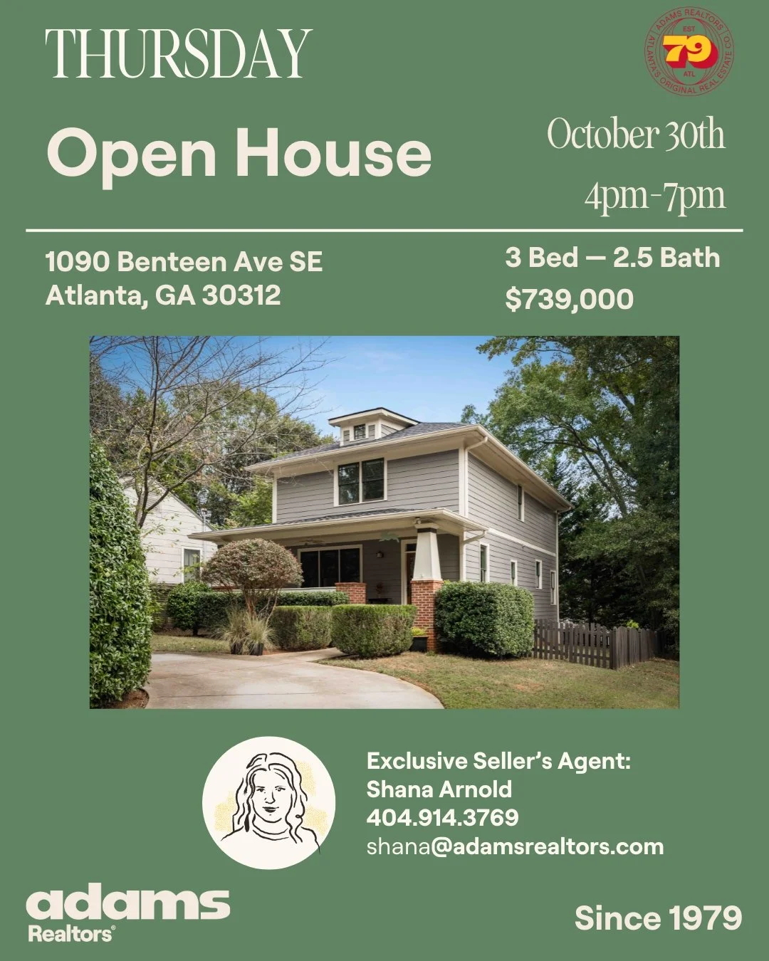 πͺOpen House Thursday, October 30th from 4-7pm!
π  1090 Benteen Ave SE
π 3 Bedrooms
π 2.5 Bathrooms
$739,000
Exclusive Listing Agent:
π©π» Shana Arnold 
π 404.914.3769
βοΈ shana@adamsrealtors.com