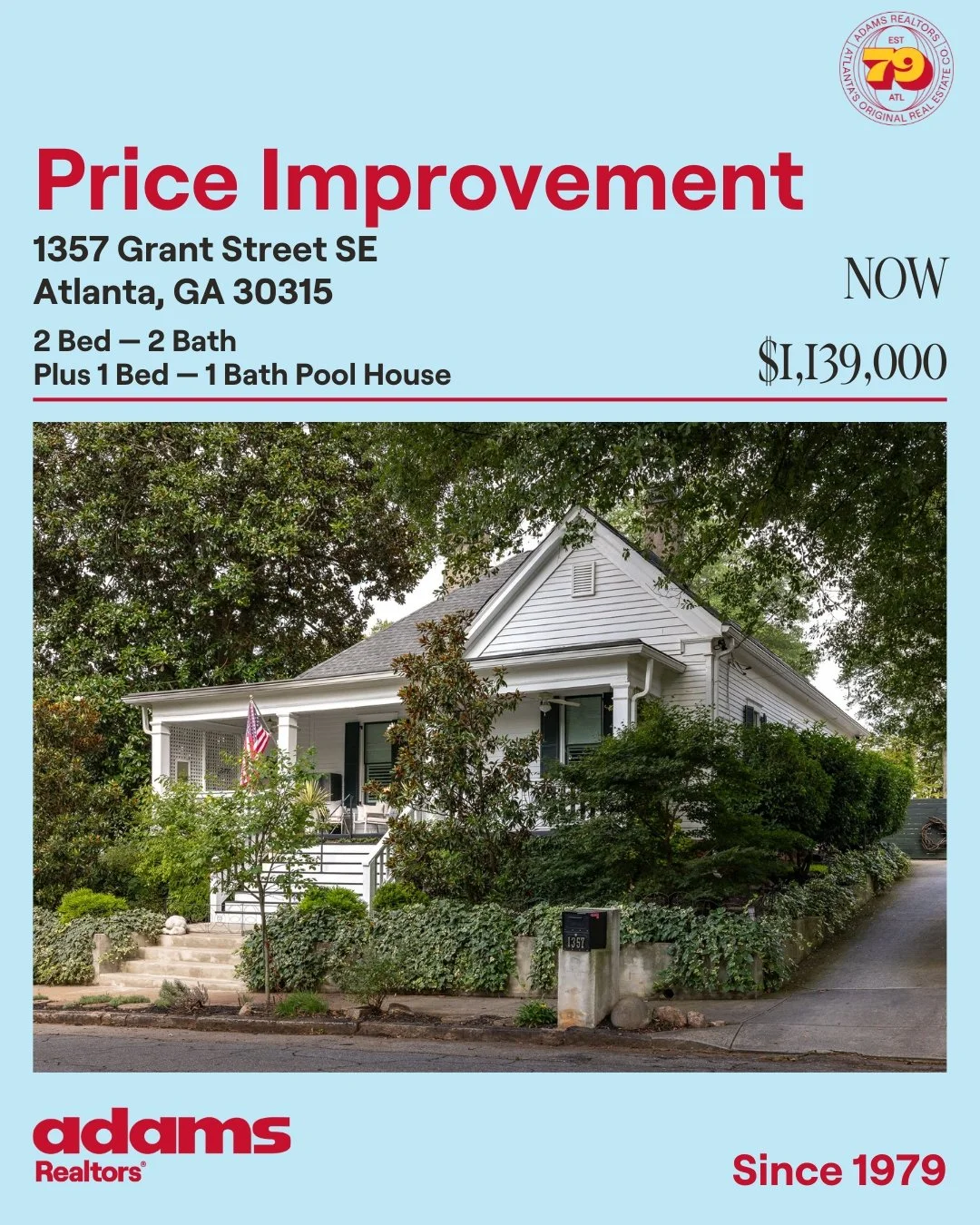 πPrice Improvement in Chosewood Parkπ
π‘1357 Grant St SE
π 2 Bedrooms
π 2 Bathrooms
ππ  Plus 1 Bed - 1 Bath Pool House
NOW $1,139,000
Exclusive Listing Agent:
π©π» Shana Arnold 
π 404.914.3769
βοΈ shana@adamsrealtors.com
.
.
.
#priceimprovemen