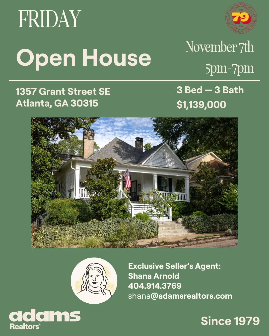 🚪Open House Friday, November 7th from 5-7pm!

🏠 1357 Grant St SE
🛏 2 Bedrooms
🛁 2 Bathrooms
🏡 1 Bedroom | 1 Bathroom Pool House
$1,139,000

Exclusive Listing Agent:
👩🏻 @shana.atl.realtor 
📞 404.914.3769
✉️ shana@adamsrealtors.com

🏠Iconic Hi