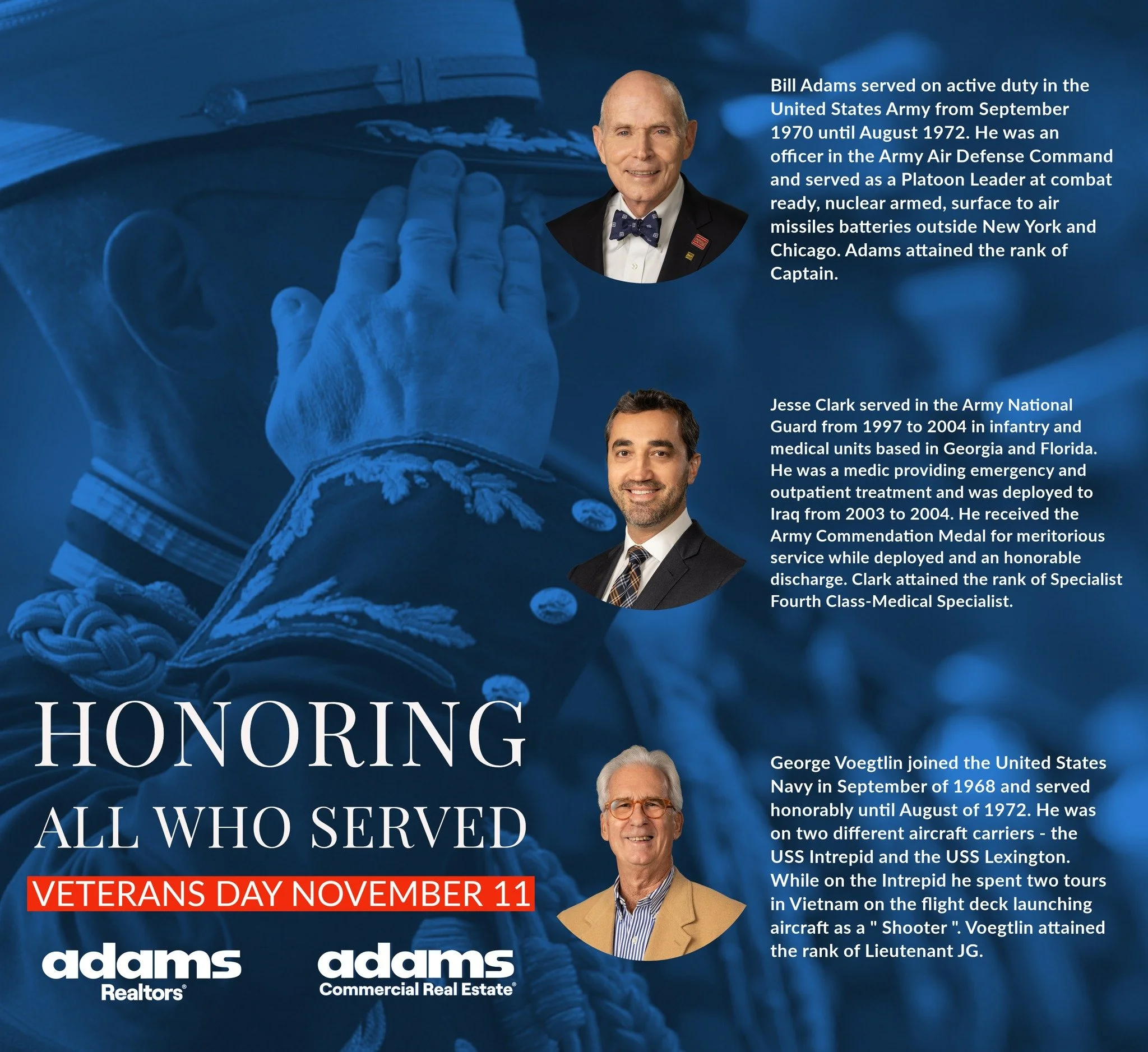 Happy Veterans Day! 🇺🇸
Today we honor and celebrate the bravery, sacrifice, and service of all who have served our country.
A special thank you to our own veterans &mdash; @billadamsbroker , Jesse Clark, and @gsvoegtlin &mdash; for your dedication 