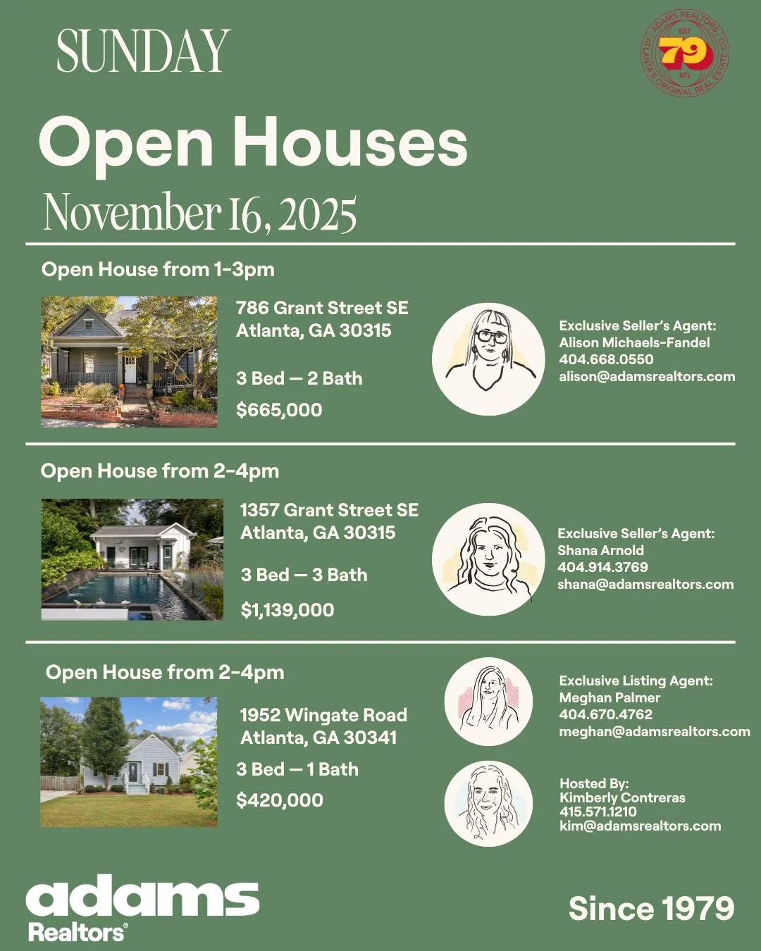 ✨Open Houses Sunday, November 16th✨

🚪Open 1-3pm
🏡786 Grant St SE
🛏 2 Bedrooms
🛁 2 Bathrooms
$665,000
Exclusive Listing Agent:
👩🏼 @alifandel 
📞 404.668.0550
✉️ alison@adamsrealtors.com

🚪Open 2-4pm
🏠 1357 Grant St SE
🛏 2 Bedrooms
🛁 2 Bathr