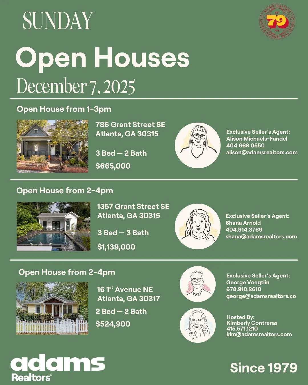 ✨Open Houses Sunday, December 7th✨

🚪Open 1-3pm
🏡786 Grant St SE
🛏 2 Bedrooms
🛁 2 Bathrooms
$665,000
Exclusive Listing Agent:
👩🏼 @alifandel 
📞 404.668.0550
✉️ alison@adamsrealtors.com

🚪Open 2-4pm
🏠 1357 Grant St SE
🛏 2 Bedrooms
🛁 2 Bathro