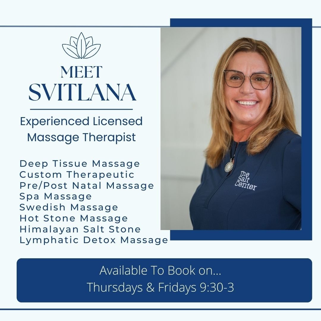 Svitlana has returned from her travels abroad and her schedule is filling up.  She is available on Thursdays &amp; Fridays 9:30-3pm.
Book your massage with her online today at www.TheSaltCenter.com 

#roswellmassage #therapist #roswellga #alpharetta 