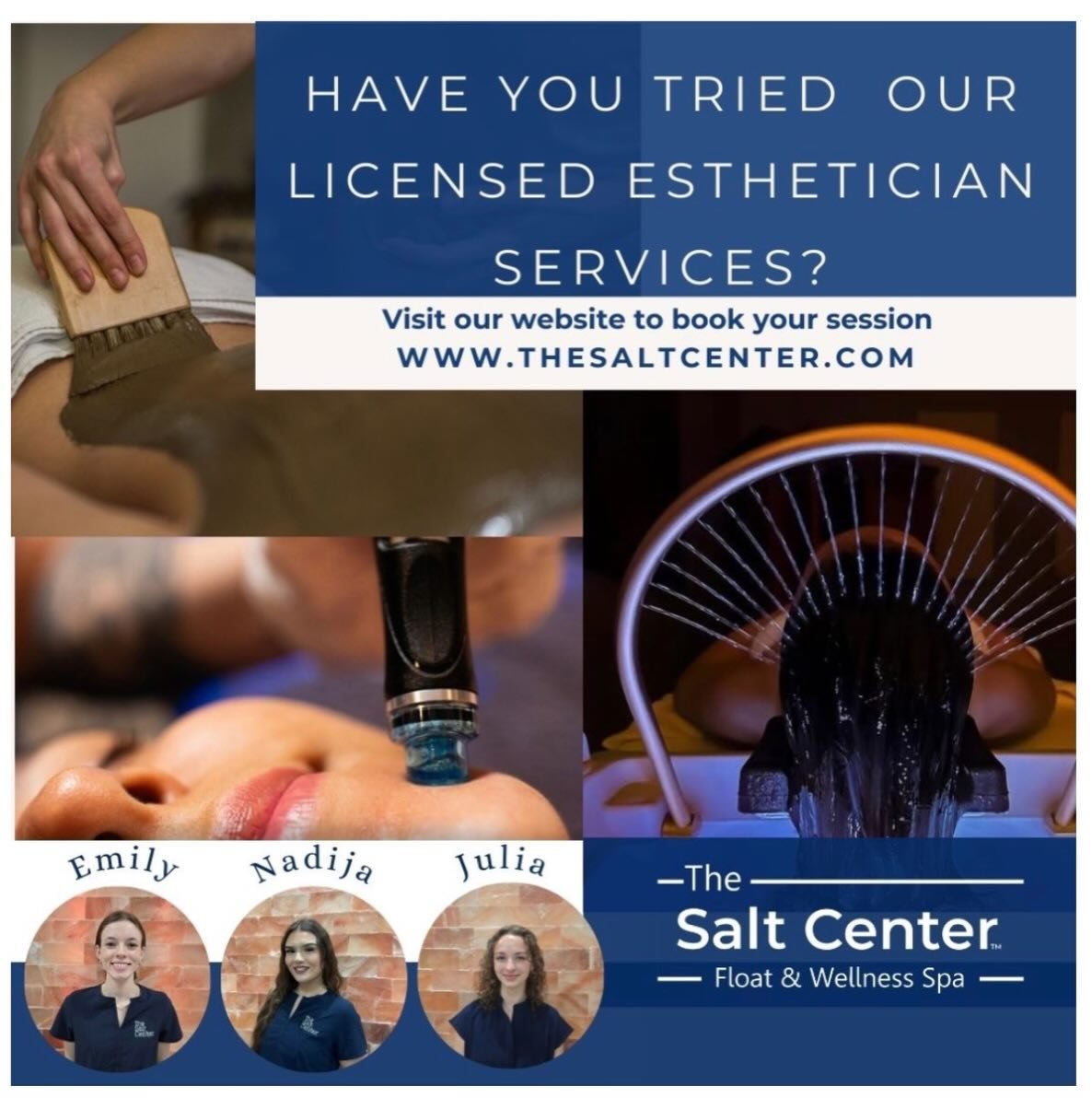 Have you tried our Licensed Esthetician services?
We offer a luxurious Salt Scrub with Dead Sea Mud, HeadSpa, and now Hydrafacials!

⏰ LIMITED TIME FREE GIFT 
(Nano-Needling SAVE $125 )
with Deluxe Hydrafacial

Book online TheSaltCenter.com or ☎️ (77