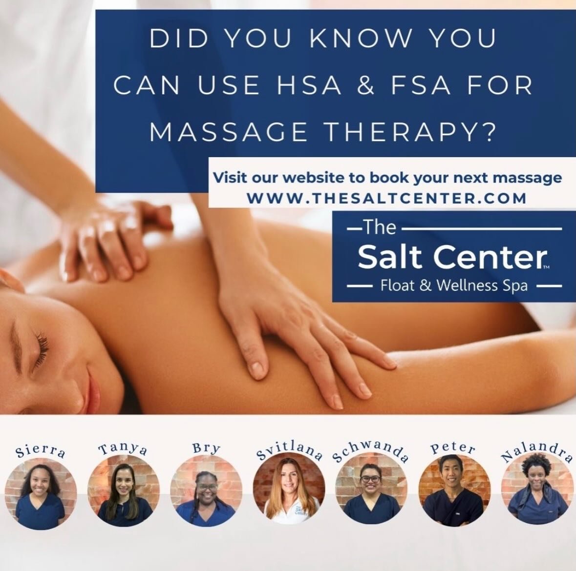 Did you know you can use your Health Savings and Flexable Spending Accounts from your insurance to cover Massage? 
Book your session today with one of our skilled licensed Massage Therapist. We blend health-care with a spa experience. 
TheSaltCenter.