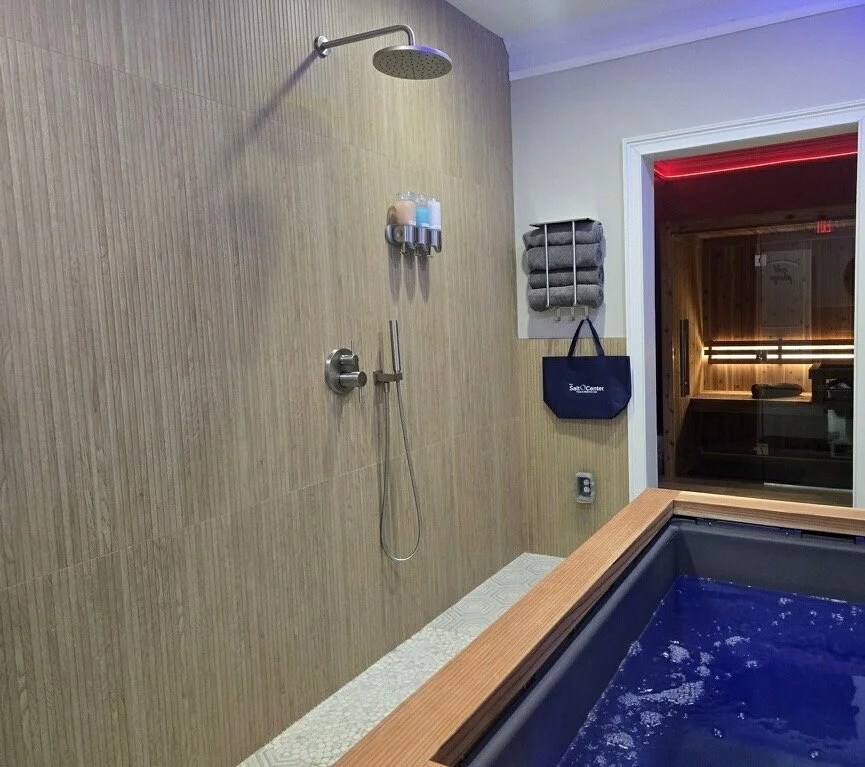 Private contrast therapy suite with shower and cold plunge tub at The Salt Center in Alpharetta, GA