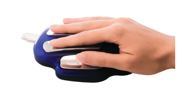 Guest holding the ZYTO EVOX biofeedback voice mapping device at The Salt Center in Alpharetta, GA