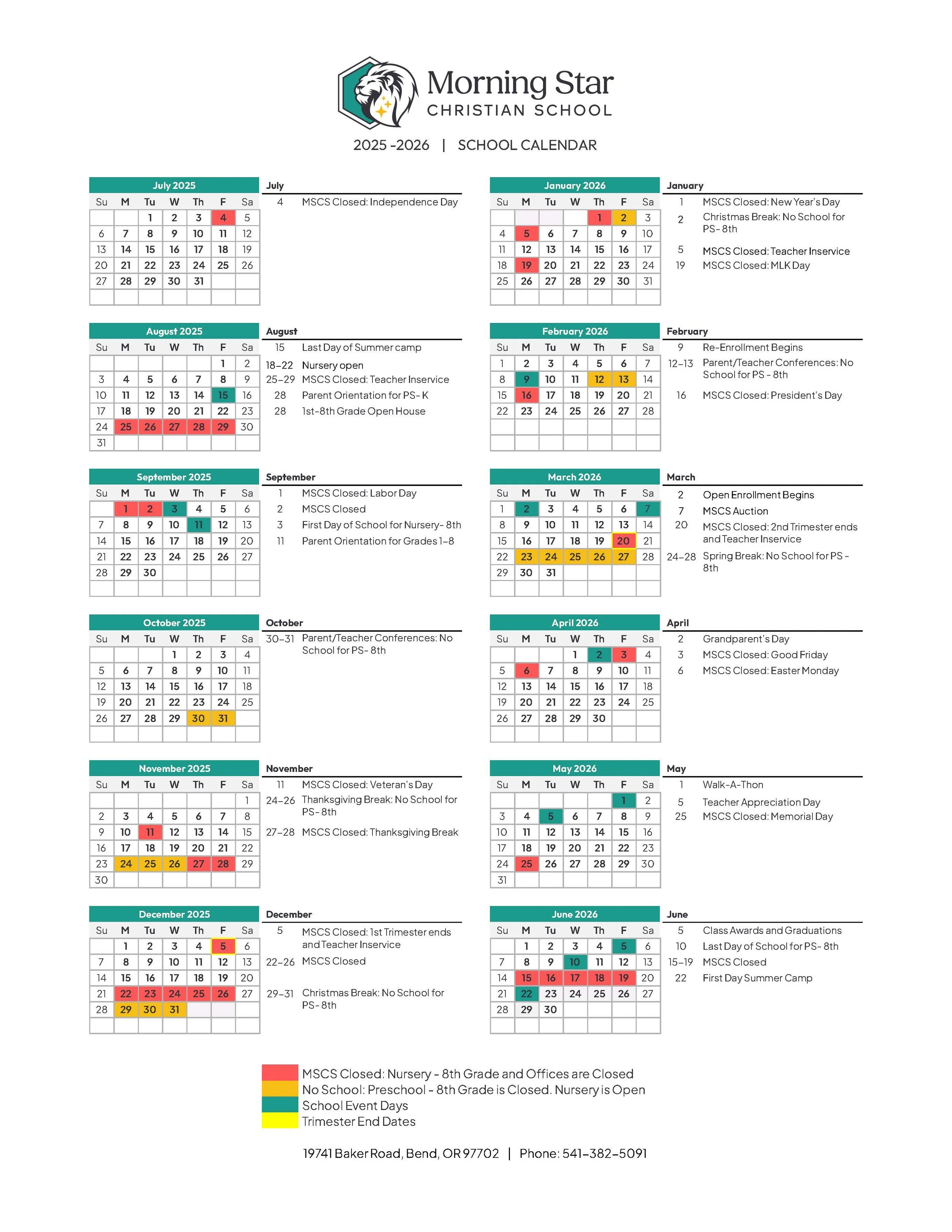 Calendar — Morning Star Christian School