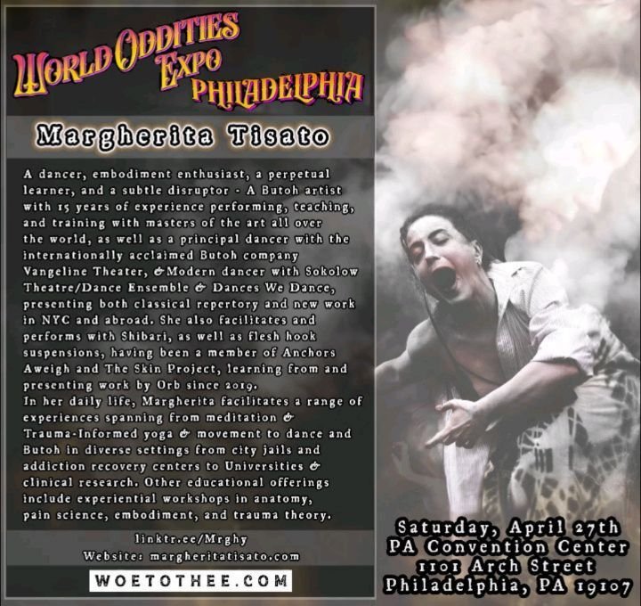 💥 WOE Philly 2024 is pleased to announce @mrghyseye - Margherita Tisato🥳
👁️

Butoh - Dancing through the cracks -
A demonstration

Join us for a practical demonstration that delves into the captivating realm of Butoh, an enigmatic Japanese dance f