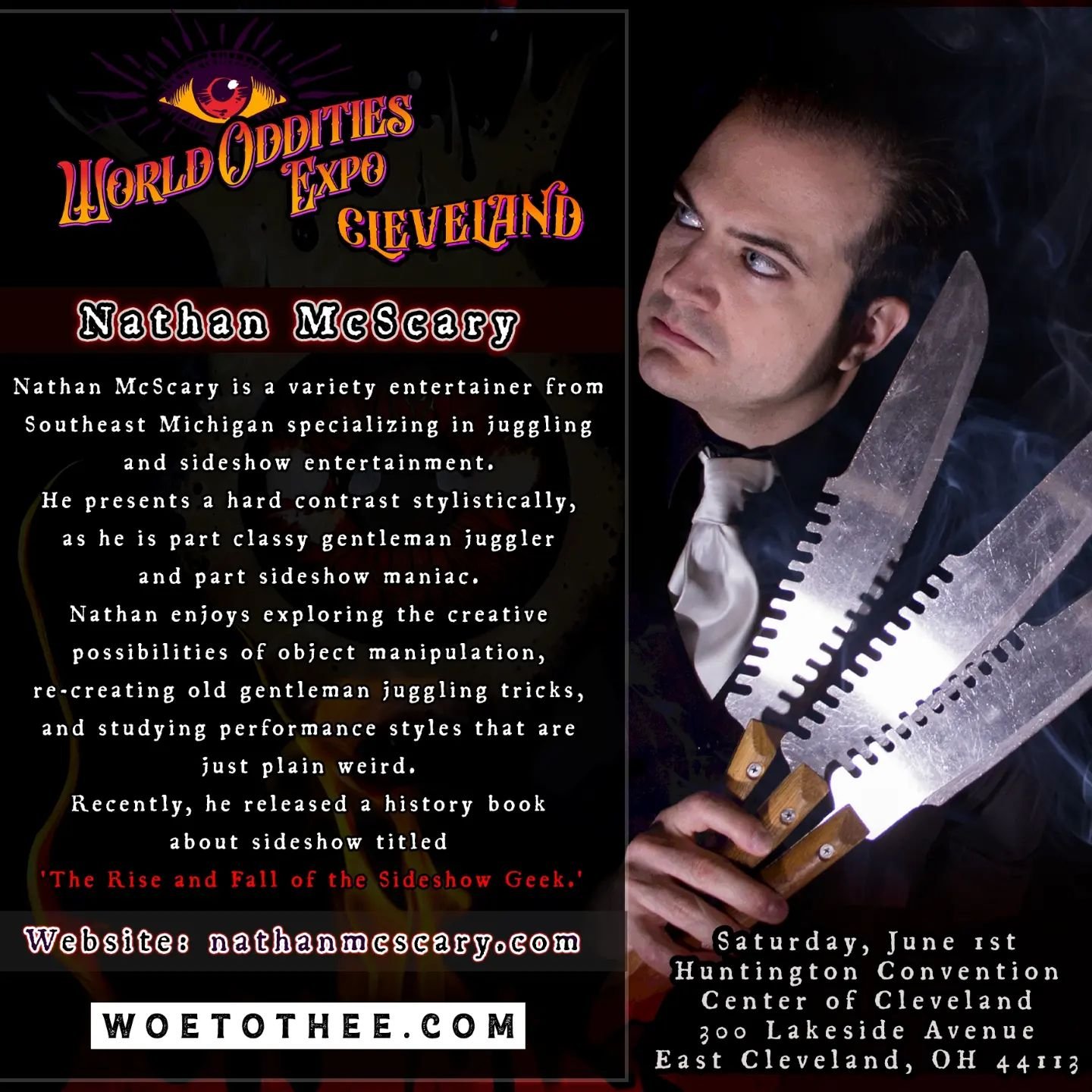 🎃 WOE CLEVELAND is pleased to announce Nathan McScary! 🙀
❌
🦇 Nathan is a variety entertainer from Southeast Michigan specializing in juggling entertainment. He enjoys exploring the creative possibilities of object manipulation, re-creating old gen